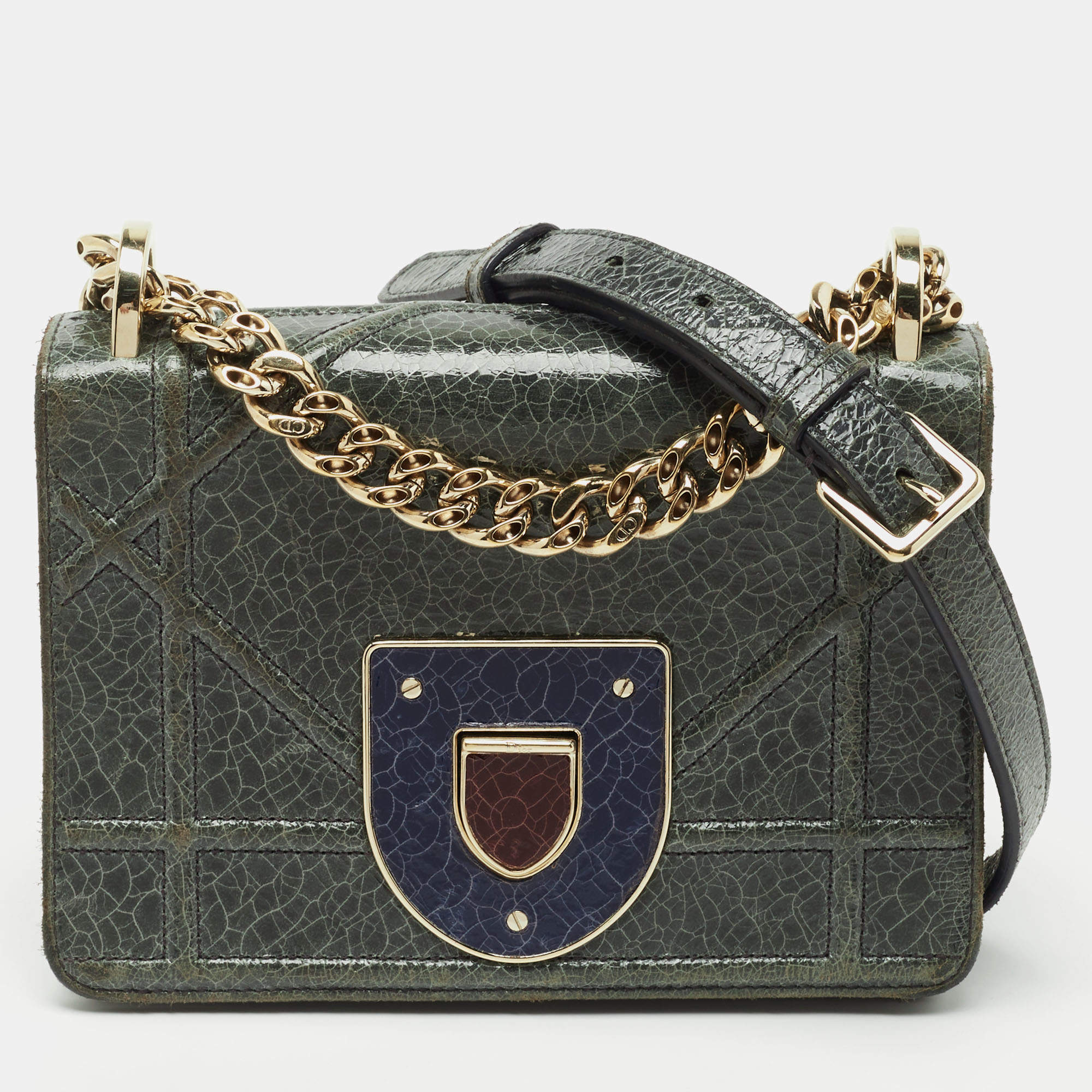 Pre Owned Dior Green Crackled Patent Leather Mini Diorama Chain Bag