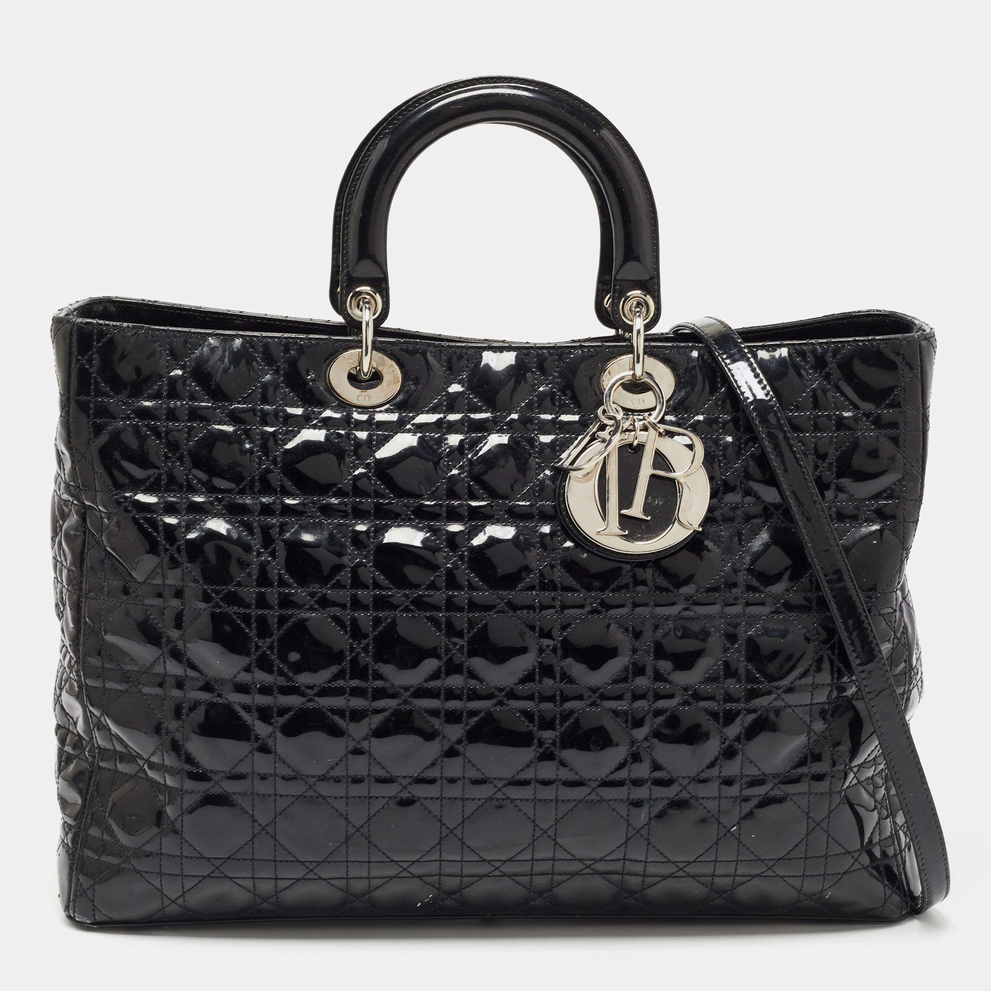 Pre Owned Dior Black Cannage Patent Leather Extra Large Lady Dior Tote