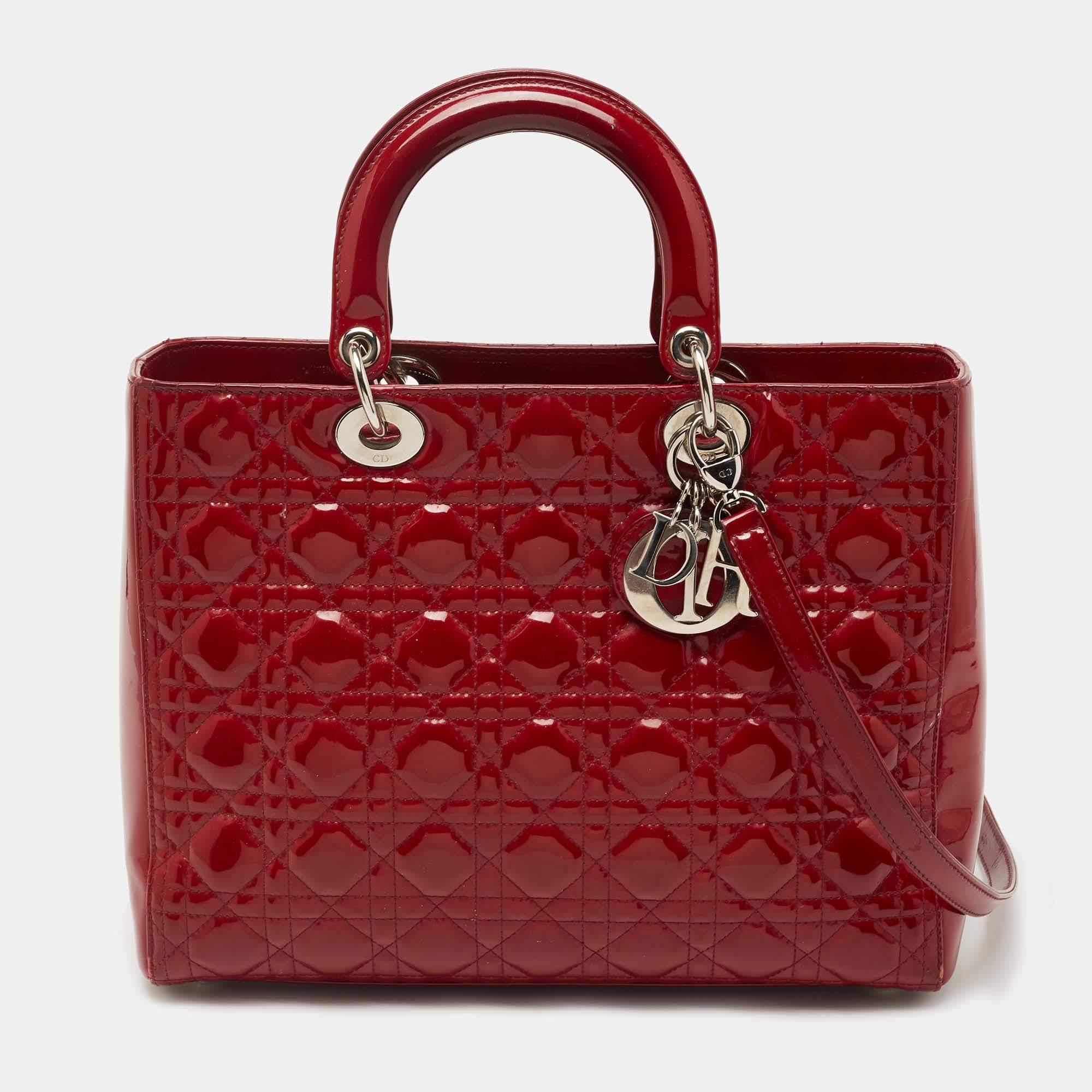Pre Owned Dior Red Cannage Patent Leather Large Lady Dior Tote