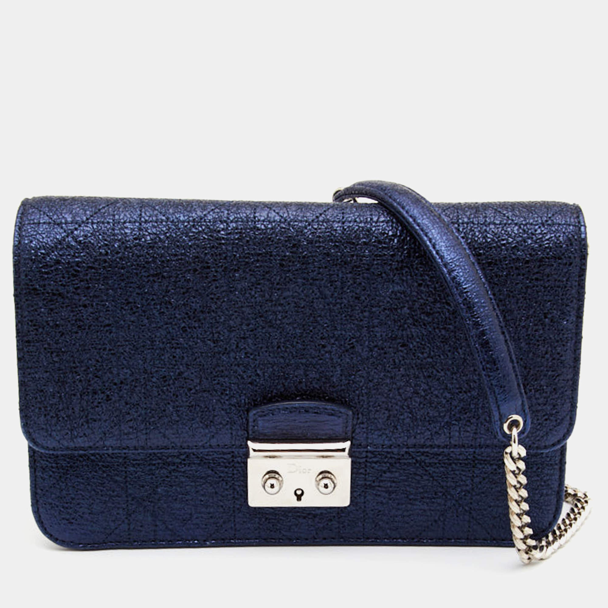 Pre Owned Dior Blue Washed Metallic Leather Miss Dior Promenade Wallet on Chain