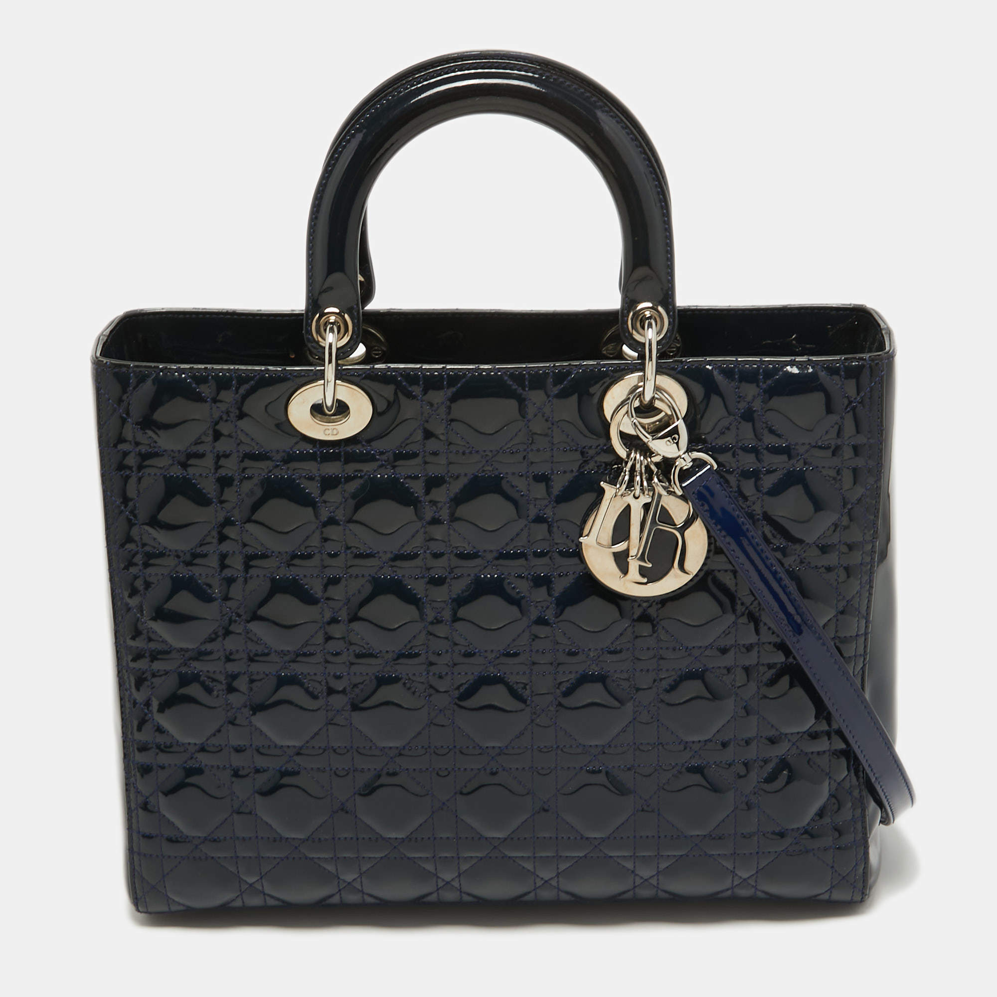 Pre Owned Dior Blue Cannage Patent Leather Large Lady Dior Tote