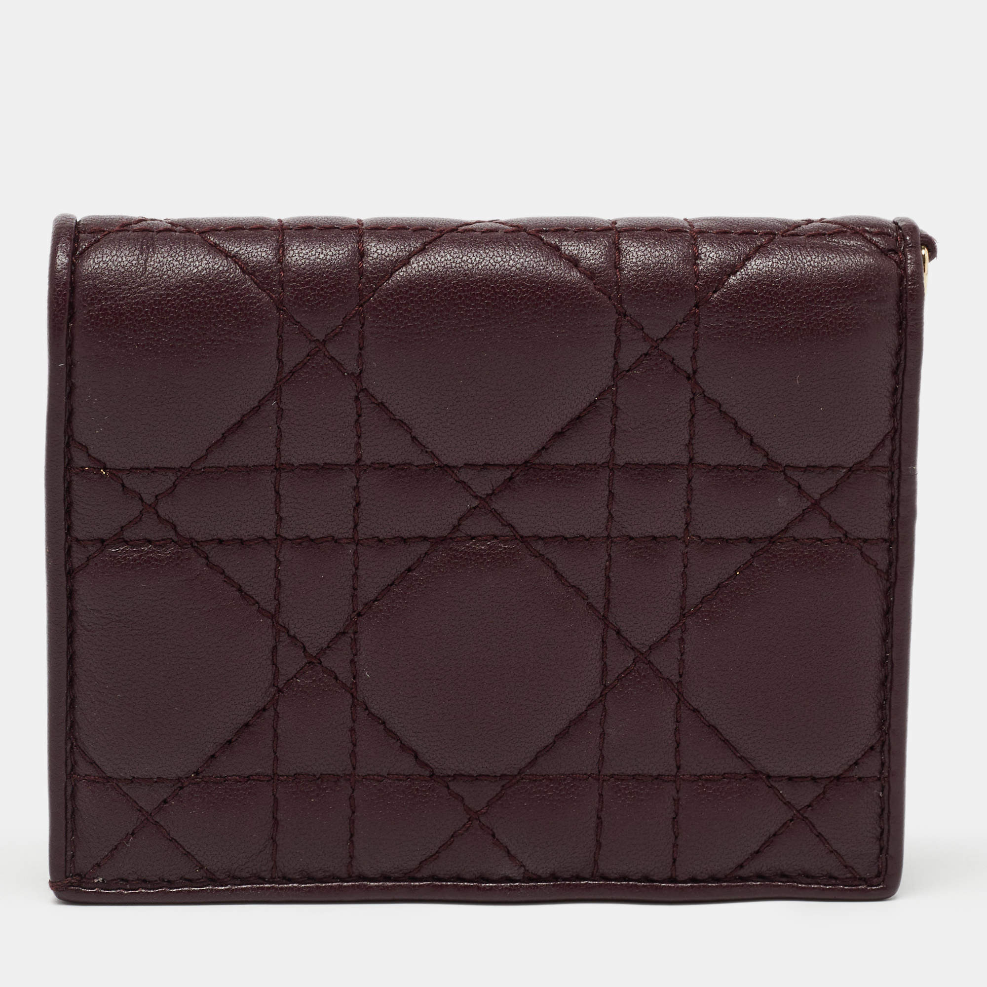 Pre Owned Dior Burgundy Cannage Leather Lady Dior Flap Card Case