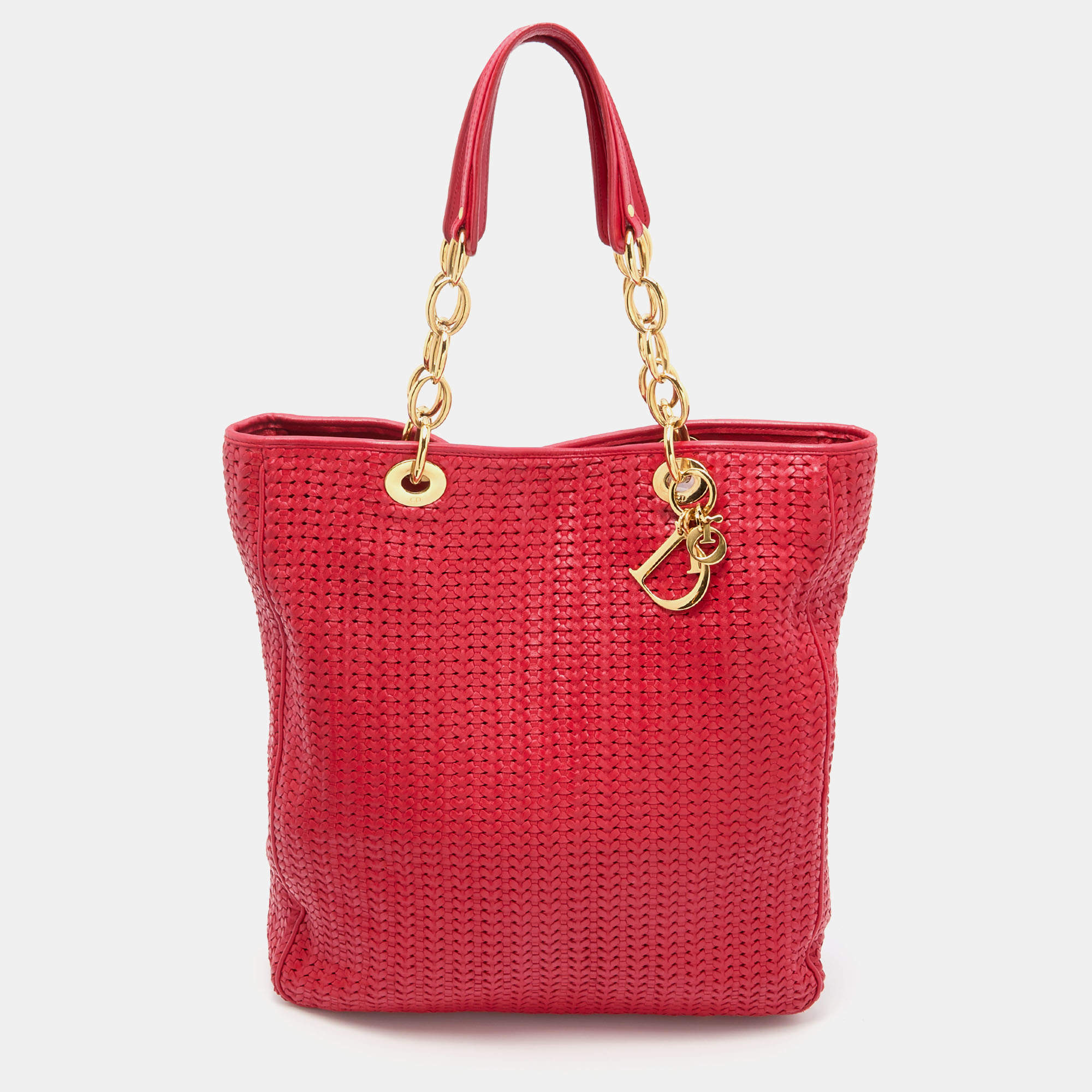 Pre Owned Dior Red Woven Leather Soft Large Shopping Tote