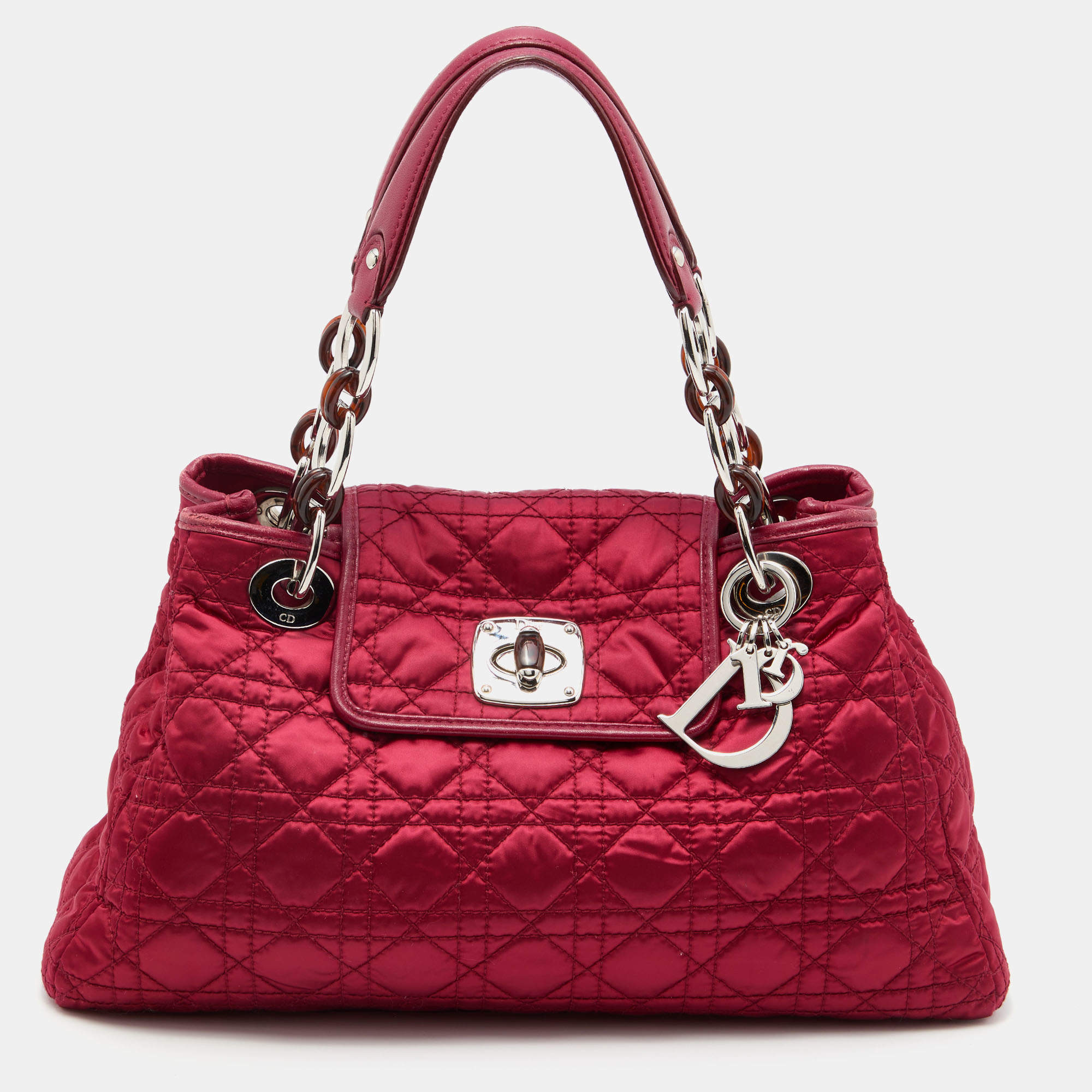 Pre Owned Dior Red Quilted Cannage Satin Charming Lock Satchel