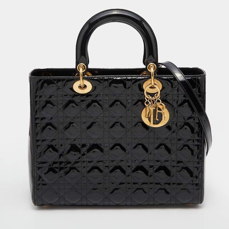 Dior Black Cannage Patent Leather Large Lady Dior Tote