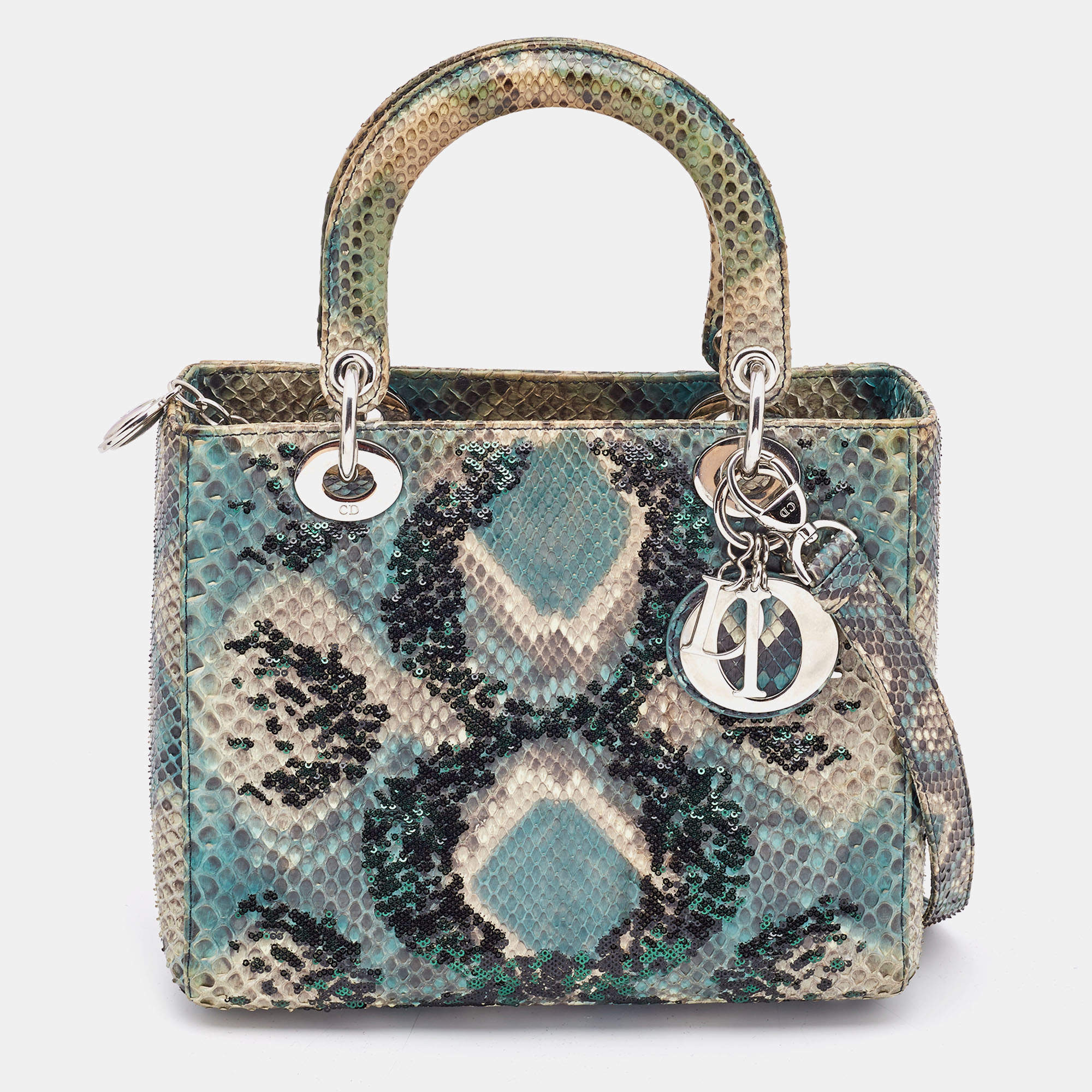 Pre Owned Dior Green/Beige Python and Sequin Medium Lady Dior Tote