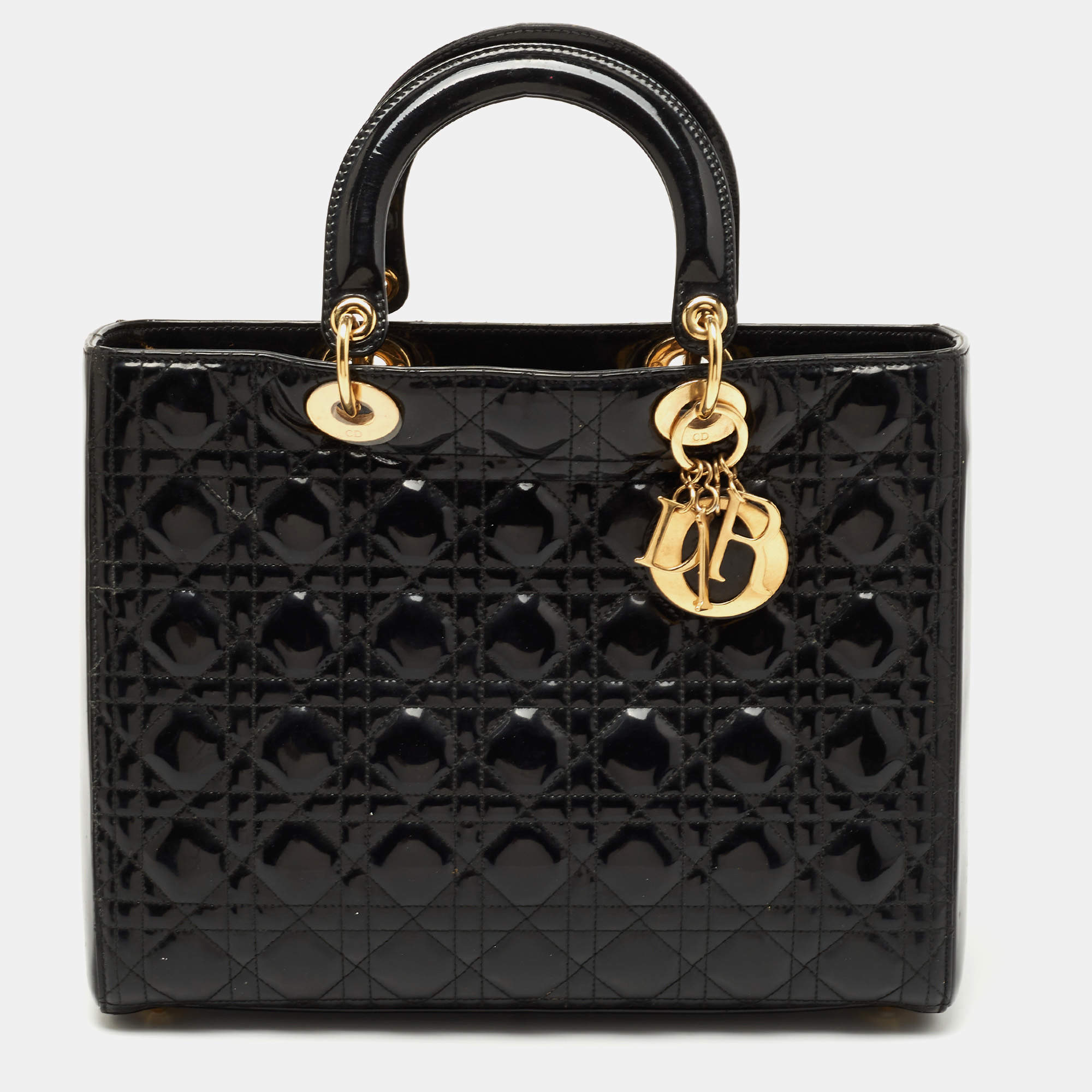 Dior Black Patent Cannage Leather Large Lady Dior Tote