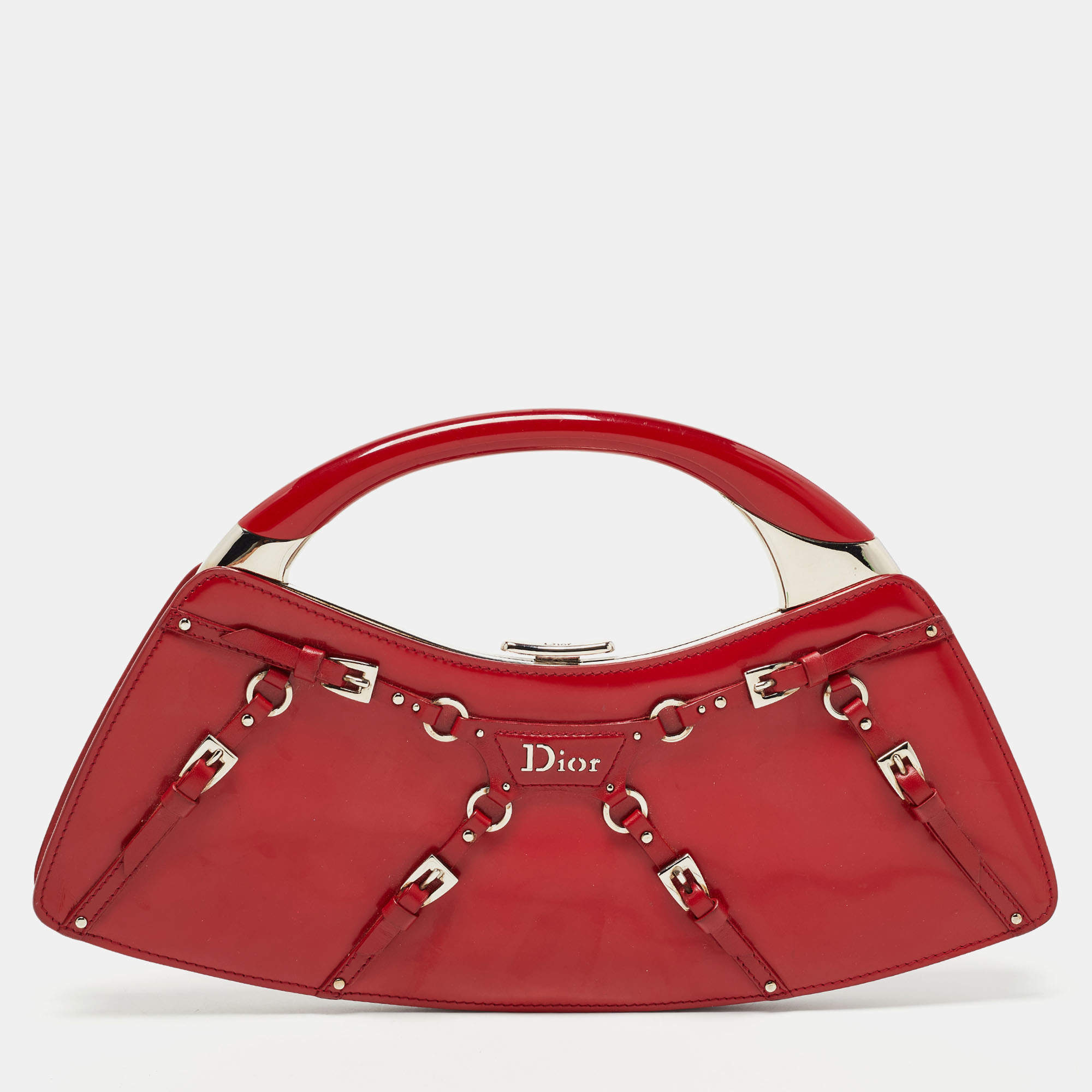 Pre Owned Dior Red Patent Leather Bondage Frame Hobo