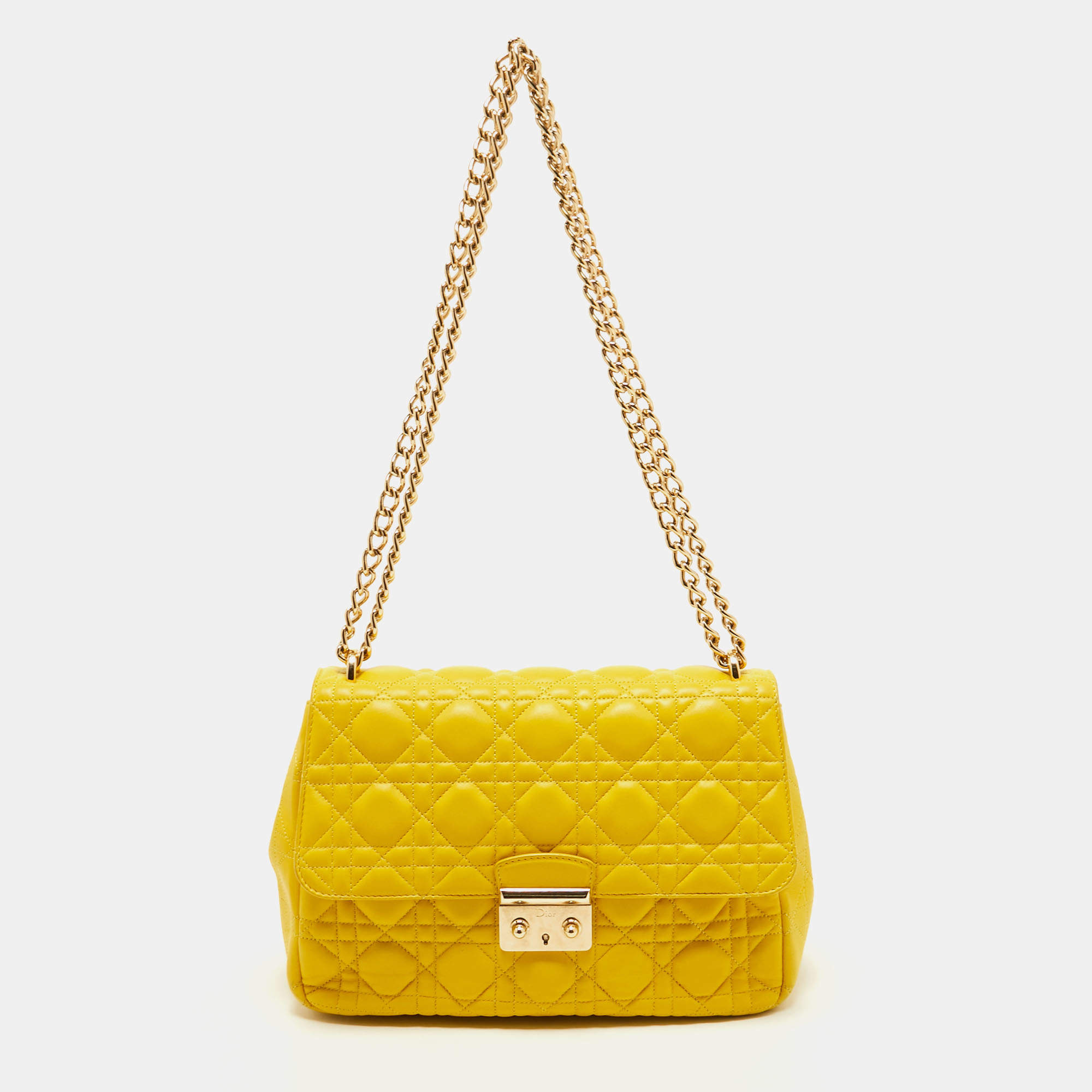 Pre Owned Dior Yellow Cannage Leather Miss Dior Medium Flap Chain Bag