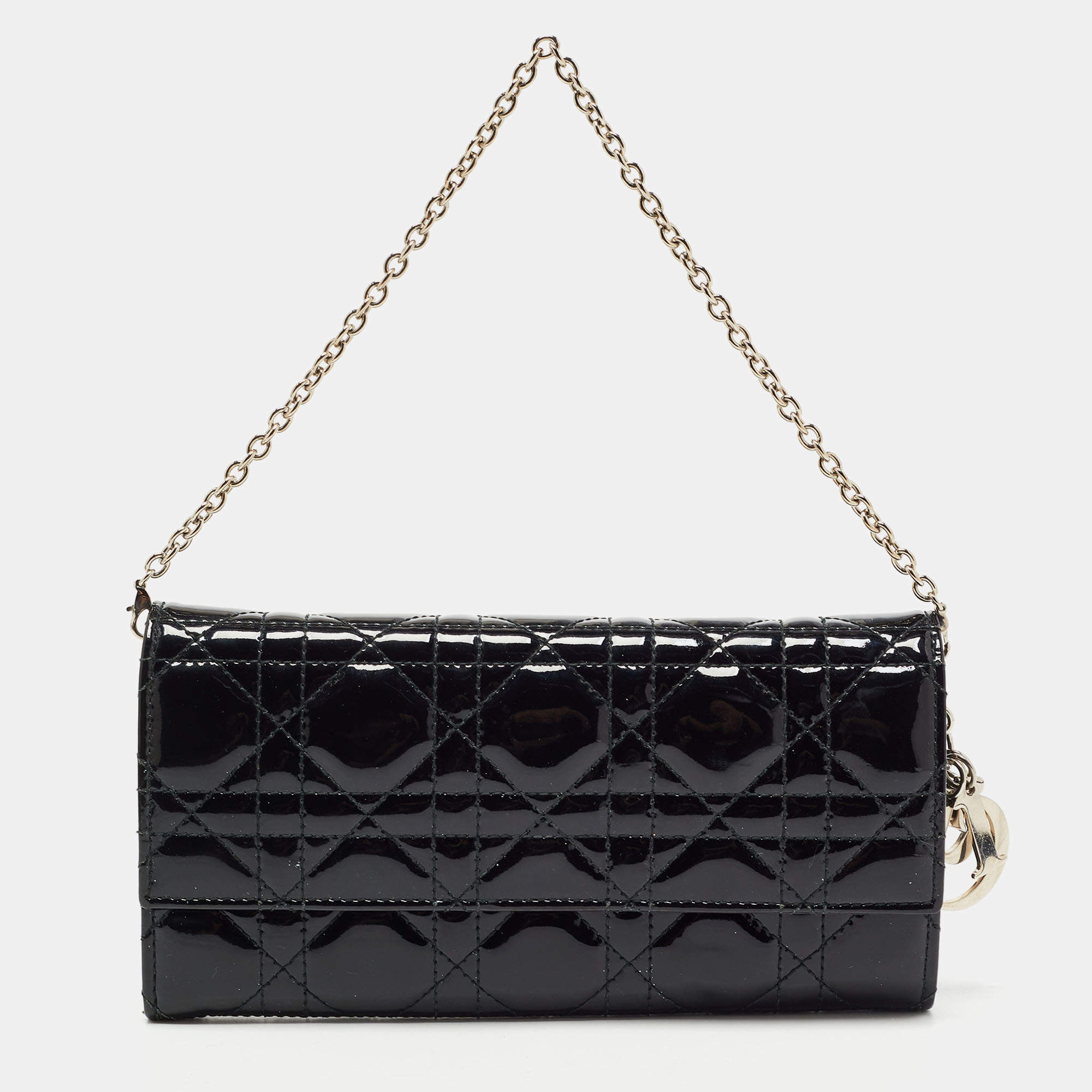 Pre Owned Dior Black Cannage Patent Leather Lady Dior Wallet On Chain