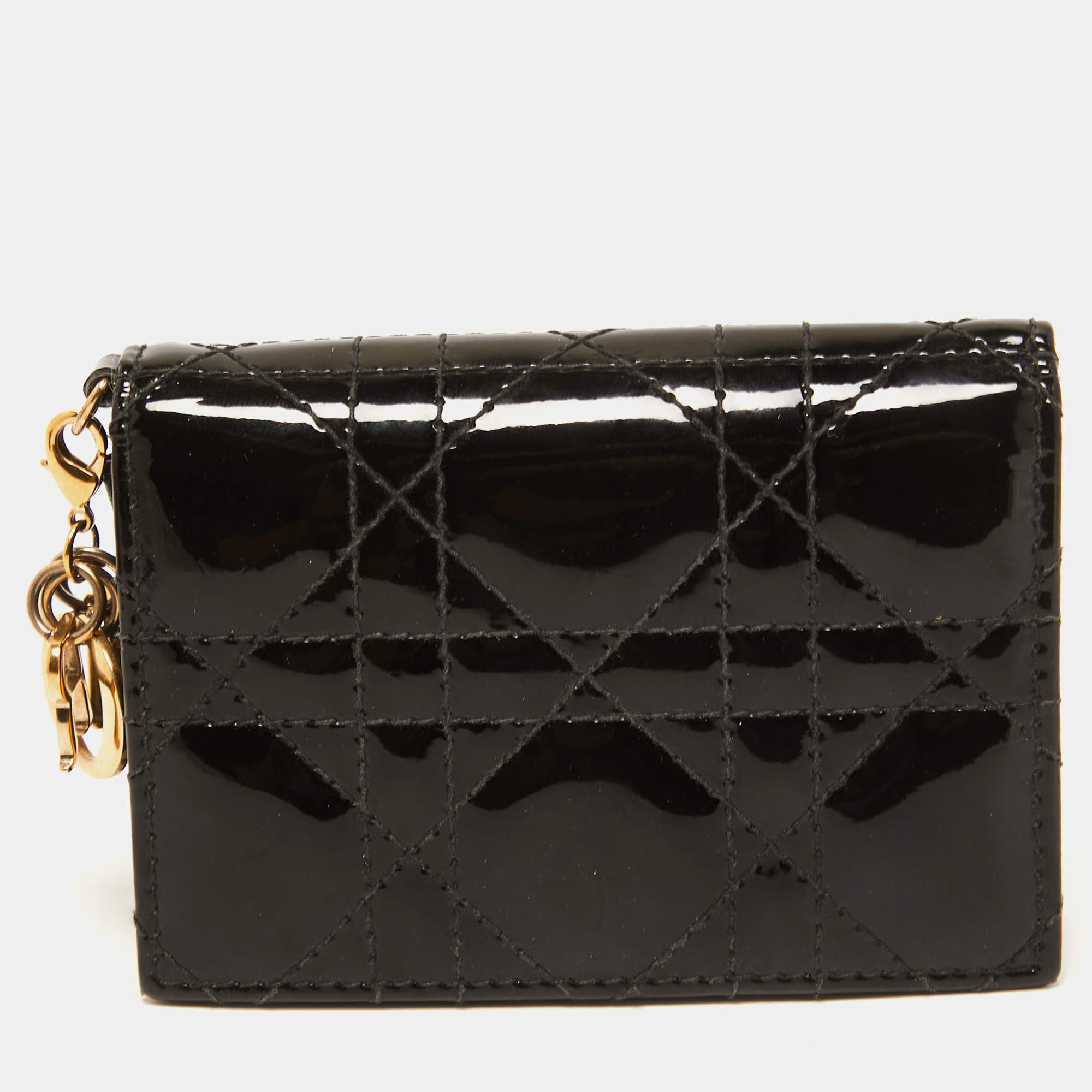 Pre Owned Dior Black Cannage Patent Leather Mini Lady Dior Wallet