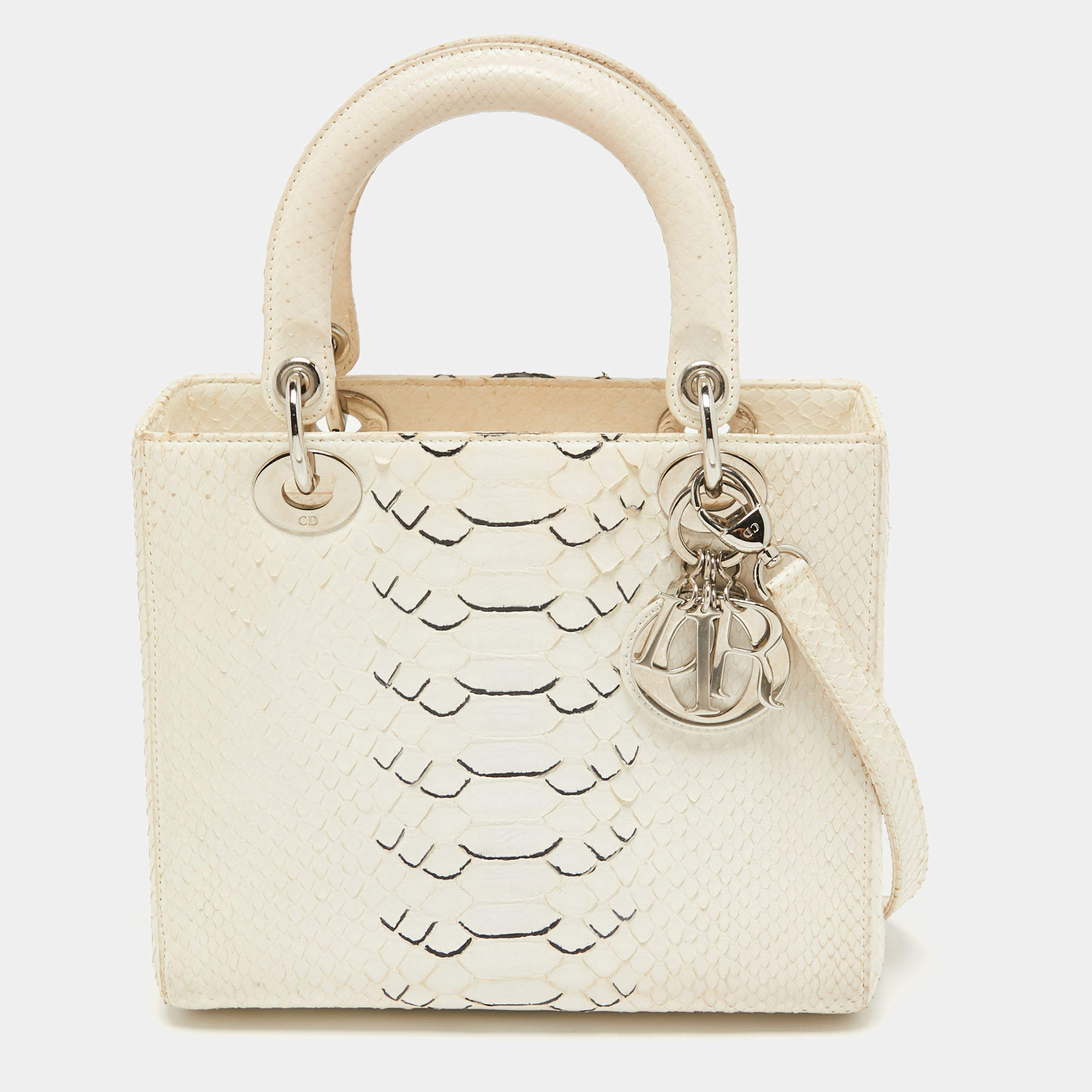 Pre Owned Dior White/Black Python Medium Lady Dior Tote