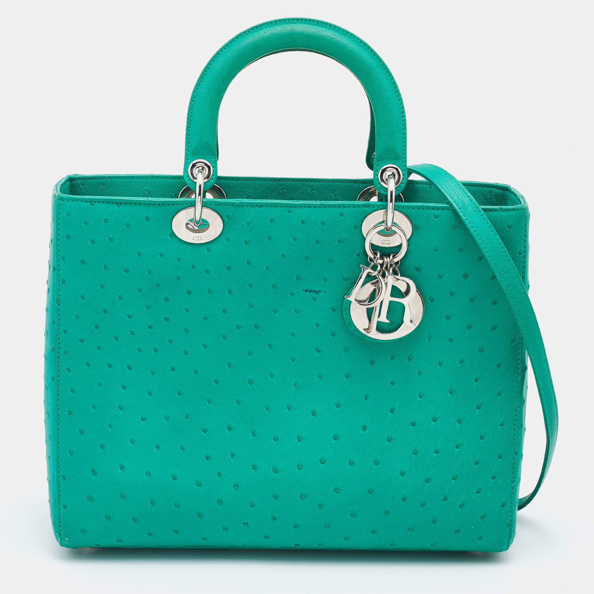 Pre Owned Dior Green Ostrich Large Lady Dior Tote