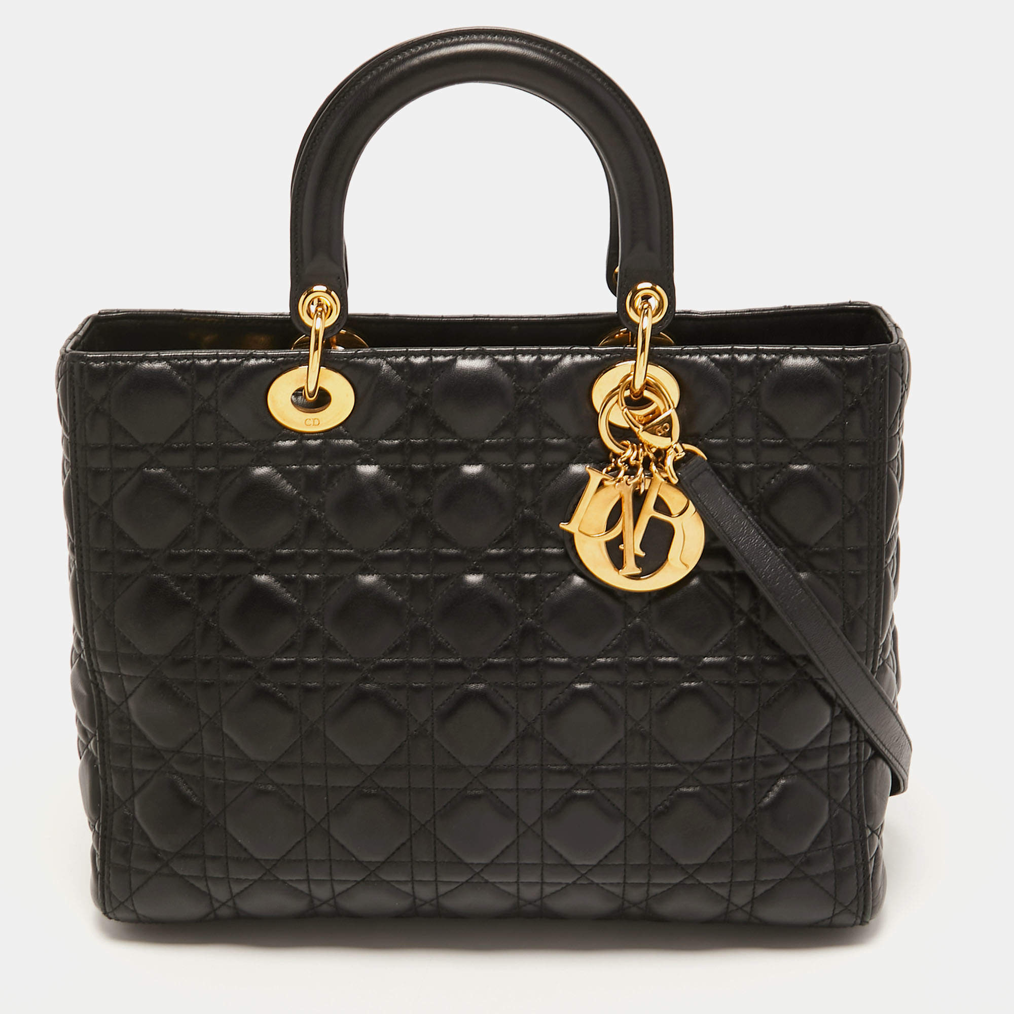 Pre Owned Dior Black Cannage Leather Large Lady Dior Tote