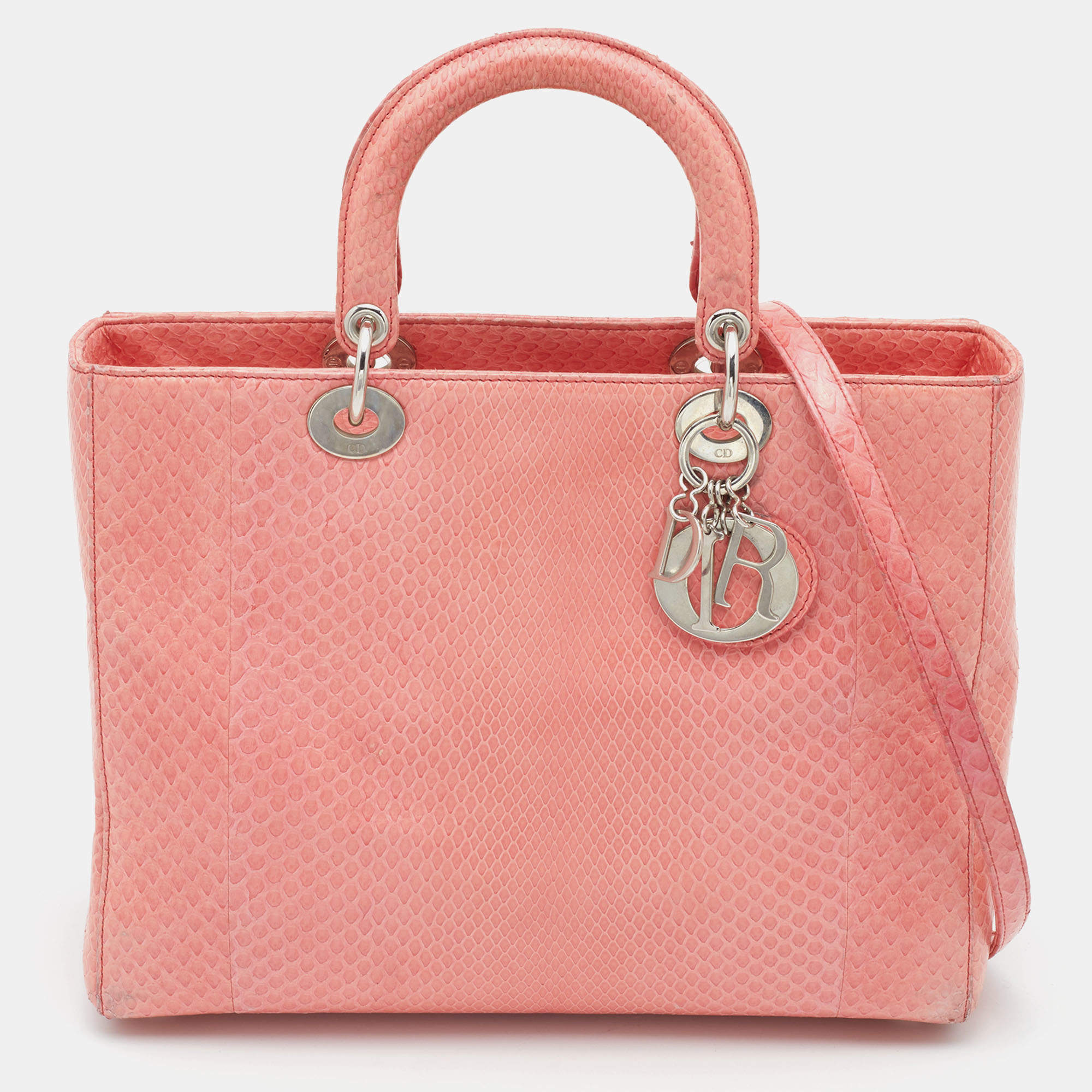 Pre Owned Dior Peach Python Large Lady Dior Tote