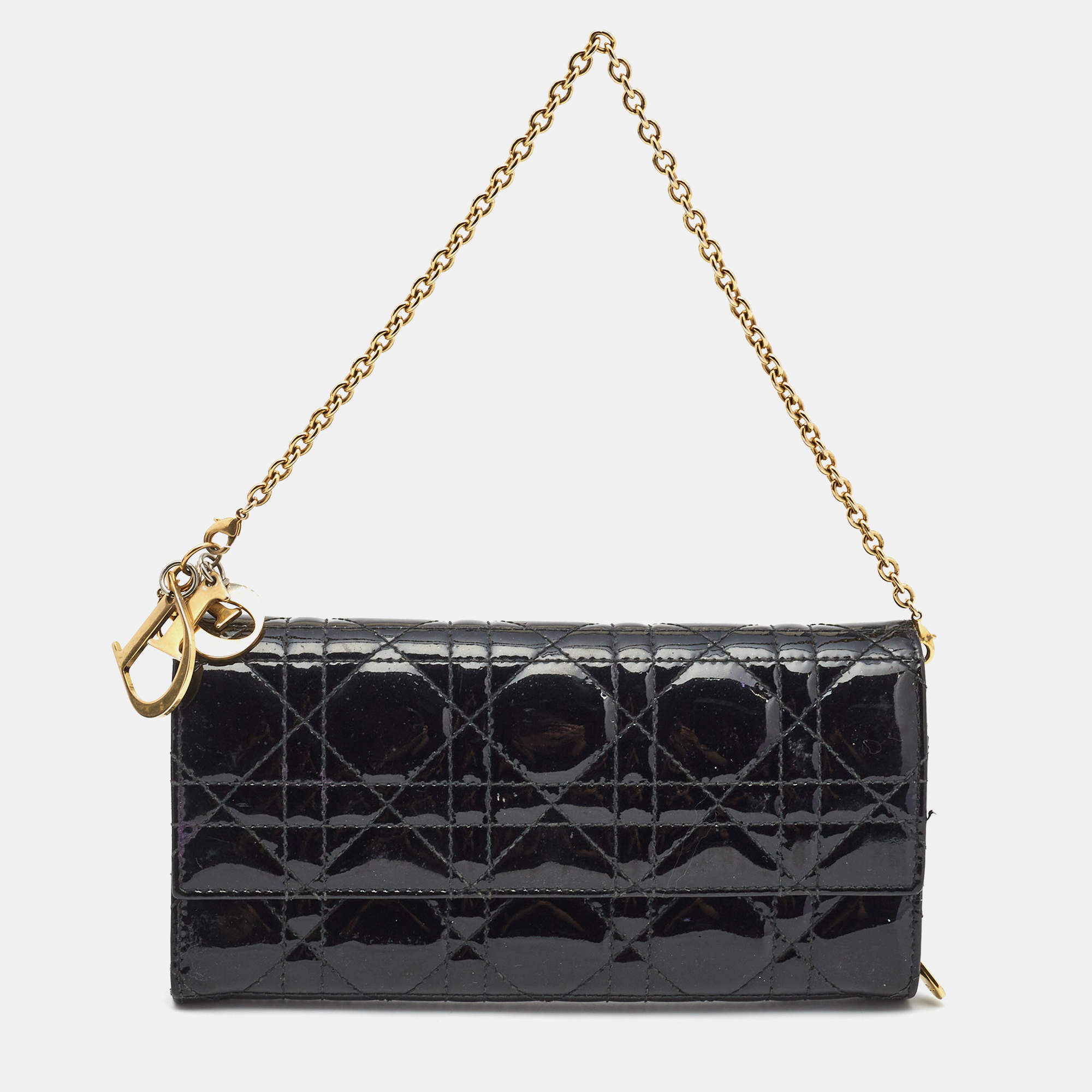 Pre Owned Dior Black Cannage Patent Leather Rendezvous Wallet on Chain