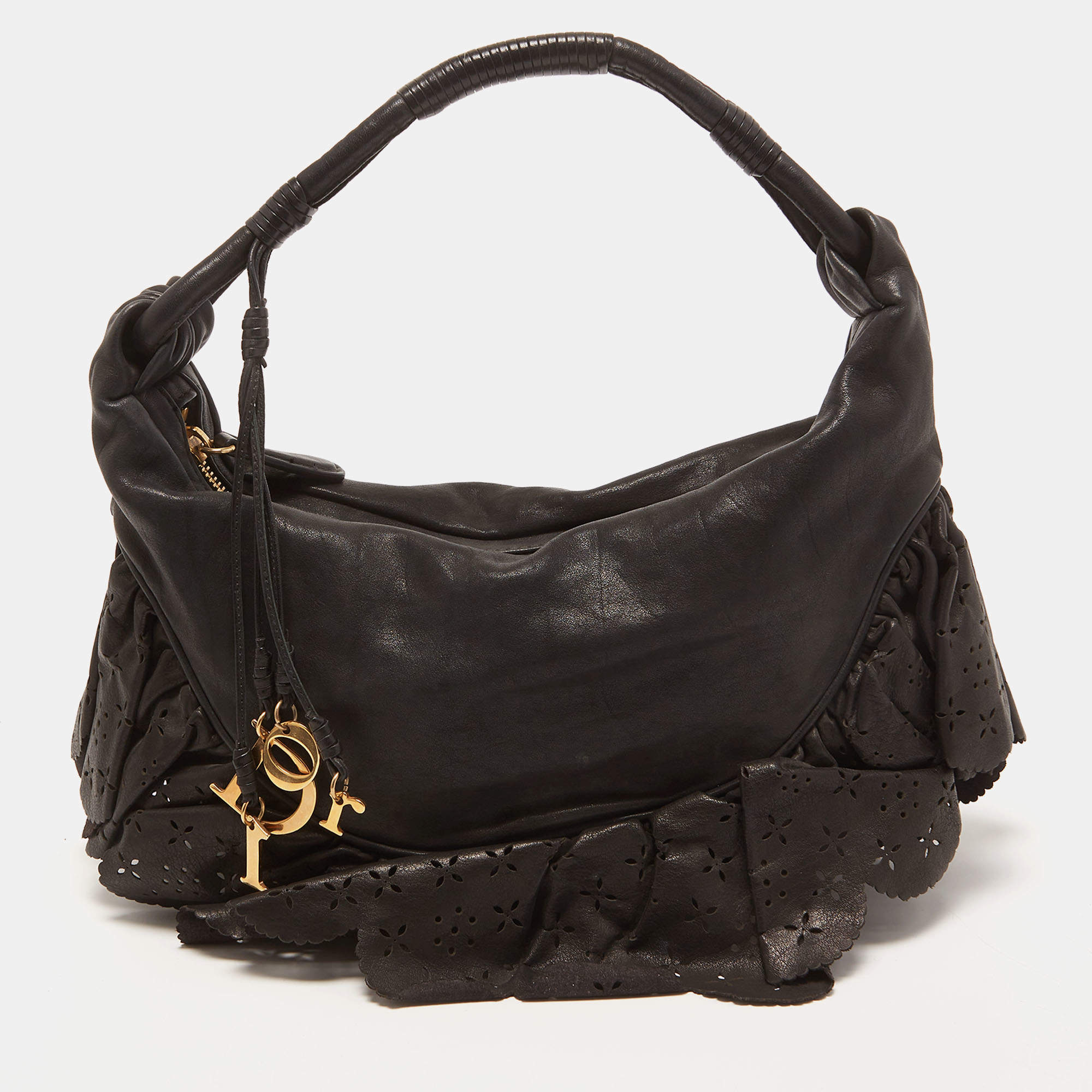 Pre Owned Dior Black Leather Small Gypsy Ruffle Hobo