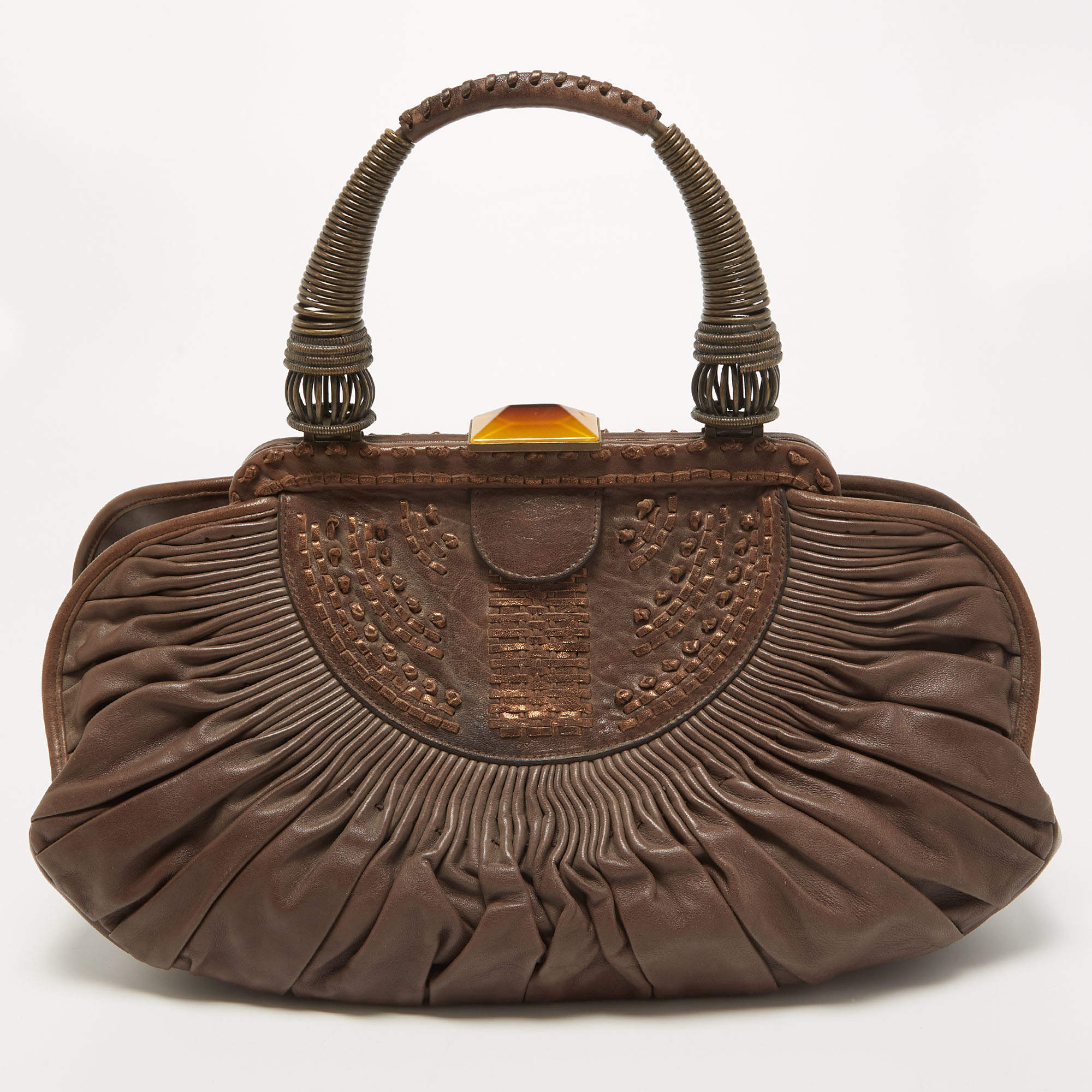 Pre Owned Dior Dark Brown Leather Medium Plisse Frame Bag