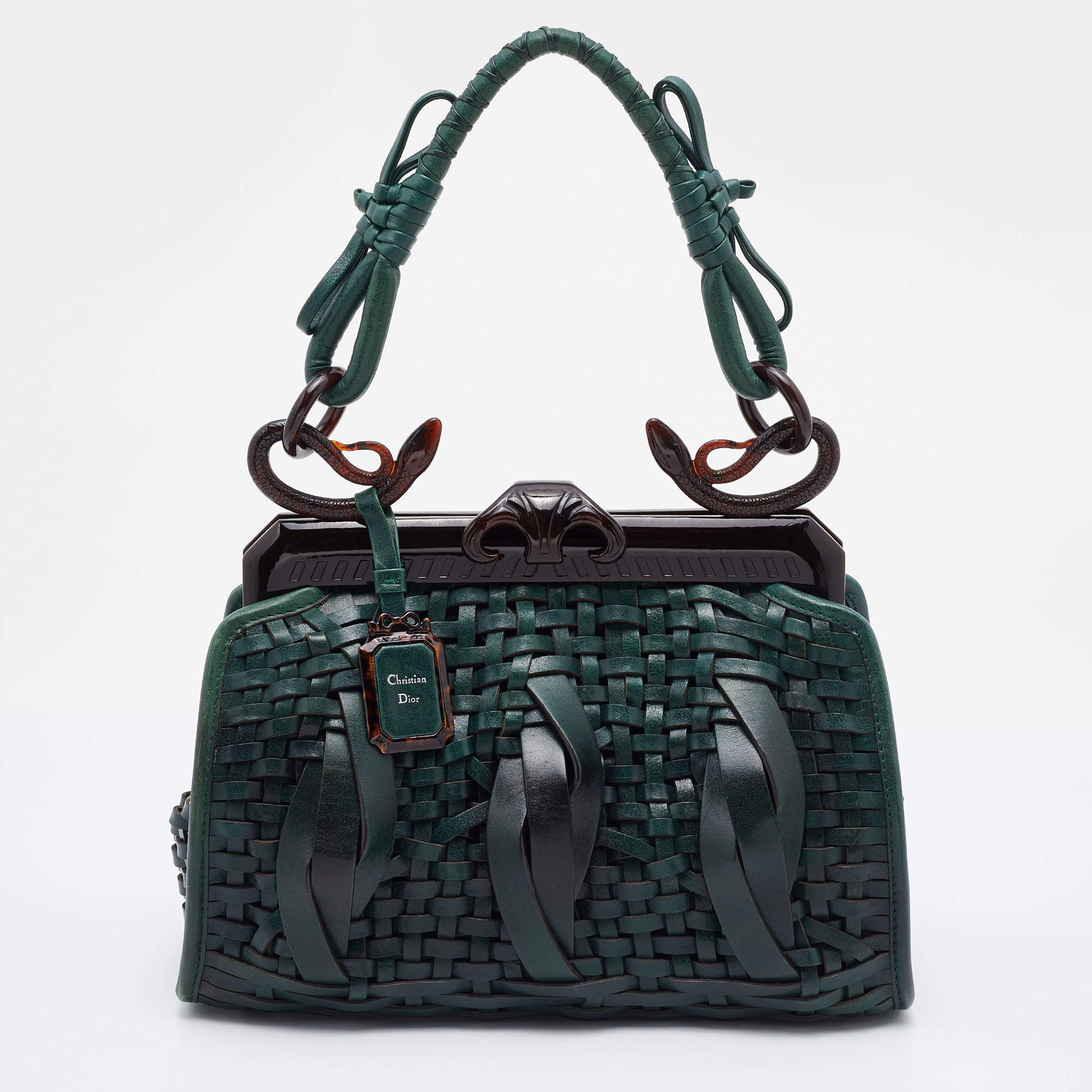 Dior Green Woven Leather Medium Limited Edition Samourai 1947 Frame Bag