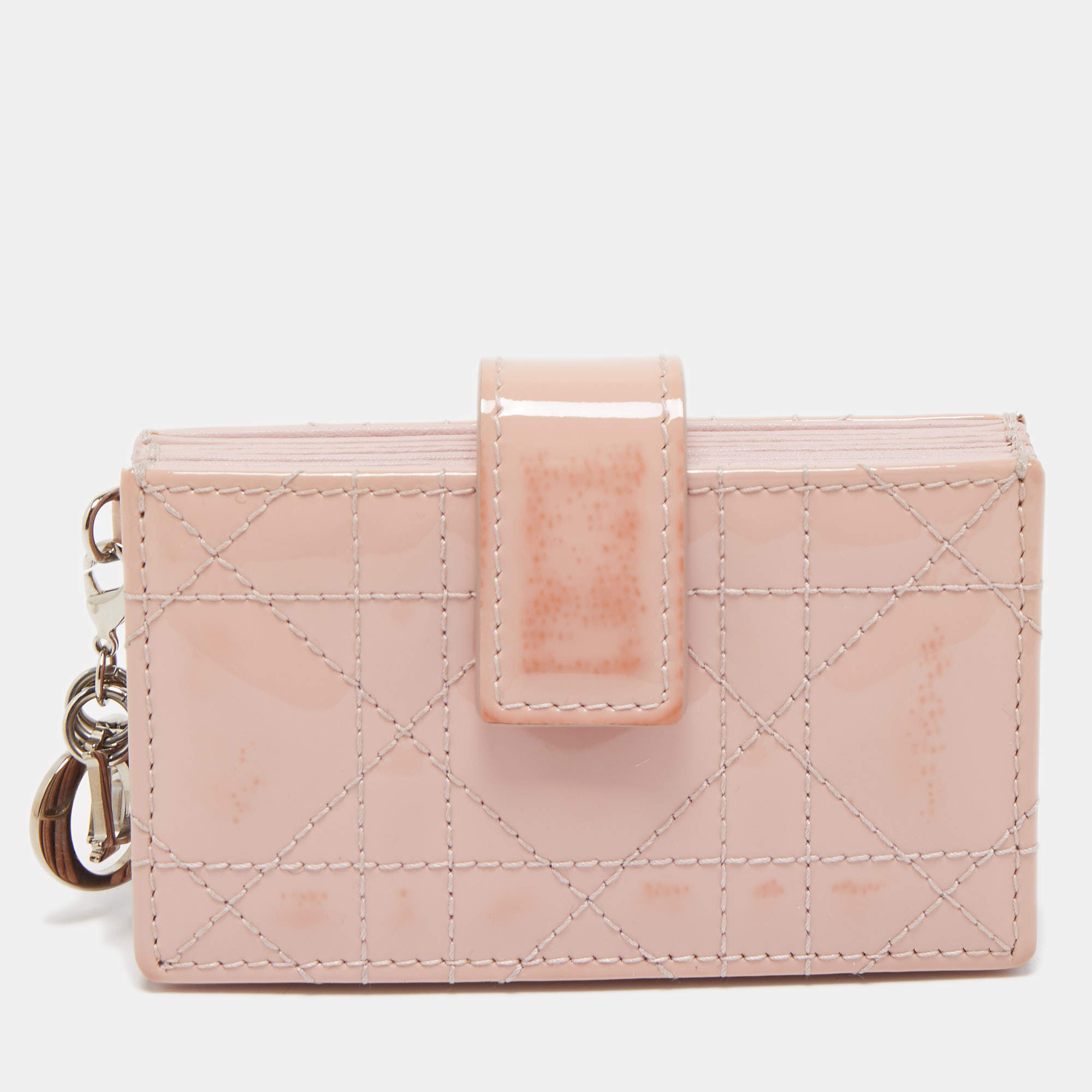 Pre Owned Dior Pink Cannage Patent Leather Lady Dior 5 Gusset Card Holder