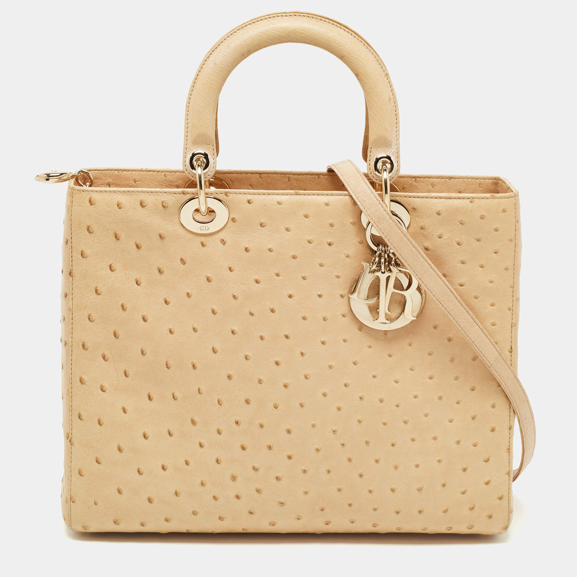Pre Owned Dior Beige Ostrich Large Lady Dior Tote