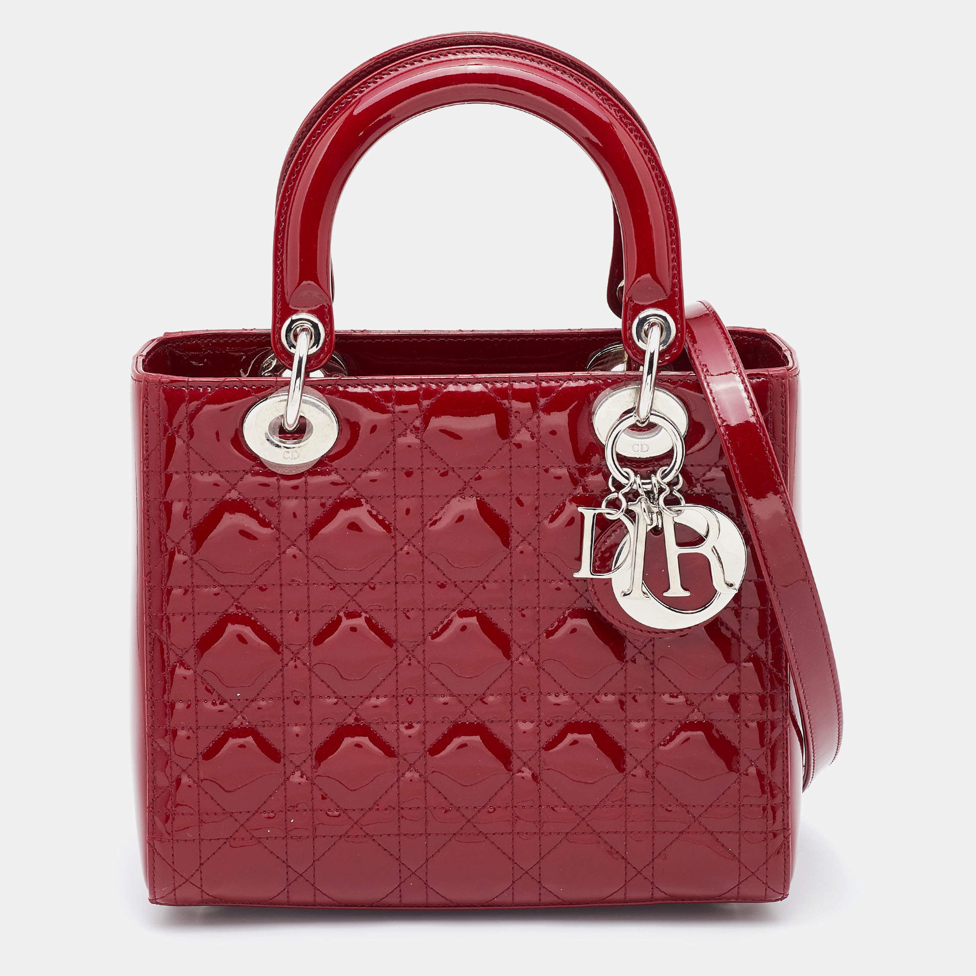 Pre Owned Dior Red Cannage Patent Leather Medium Lady Dior Tote