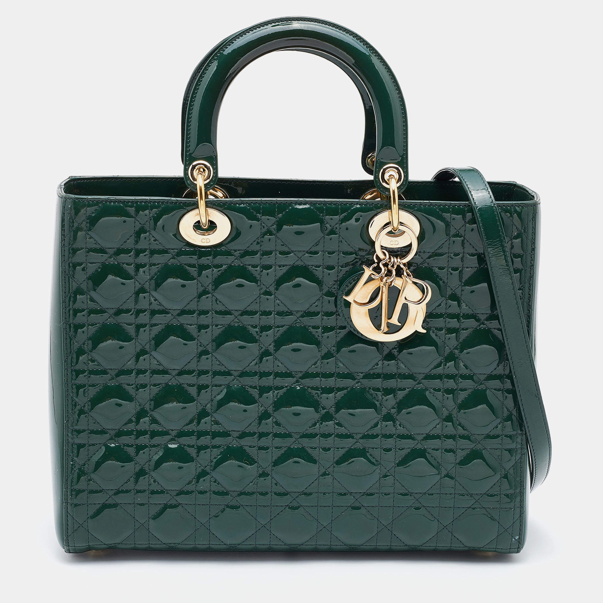 Pre Owned Dior Green Cannage Patent Leather Large Lady Dior Tote