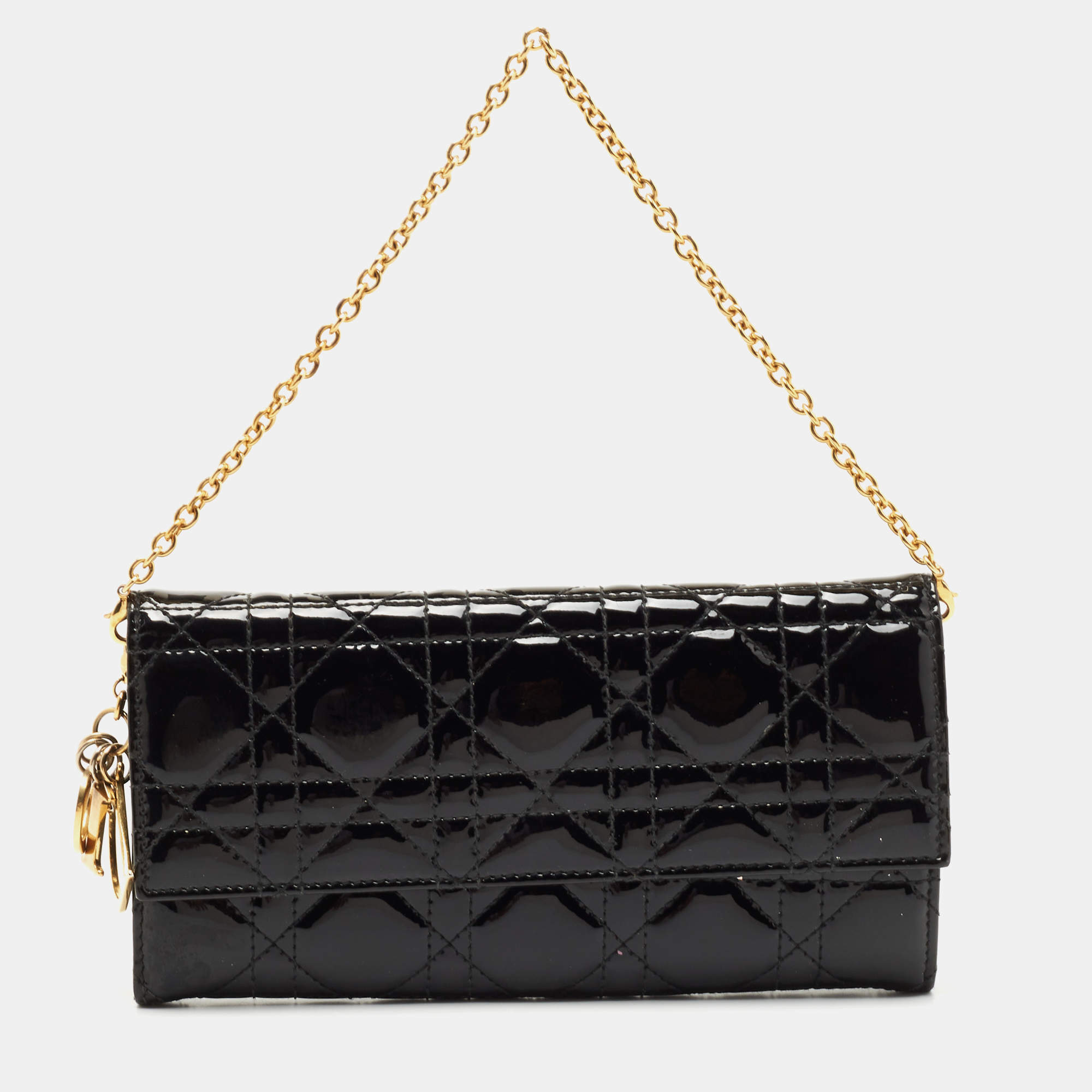 Dior Black Cannage Patent Leather Lady Dior Rendezvous Wallet on Chain