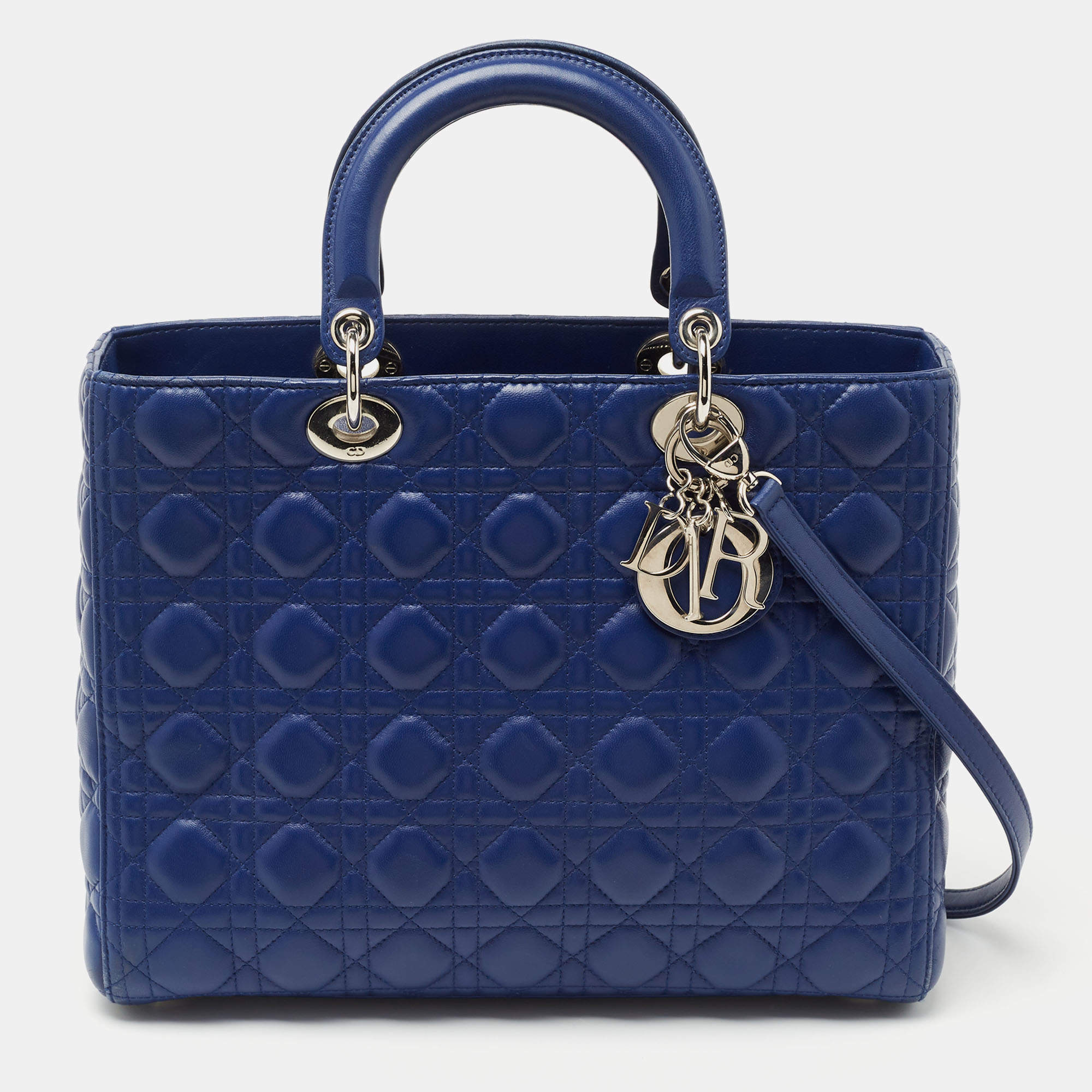 Pre Owned Dior Blue Cannage Leather Large Lady Dior Tote