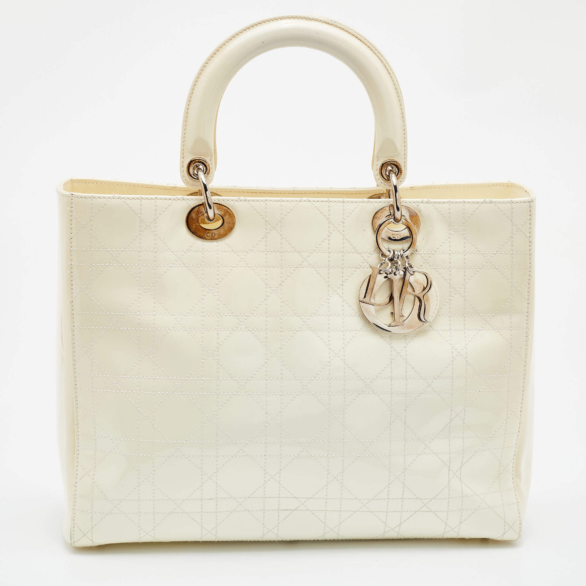 Pre Owned Dior White Cannage Patent Leather Large Lady Dior Tote