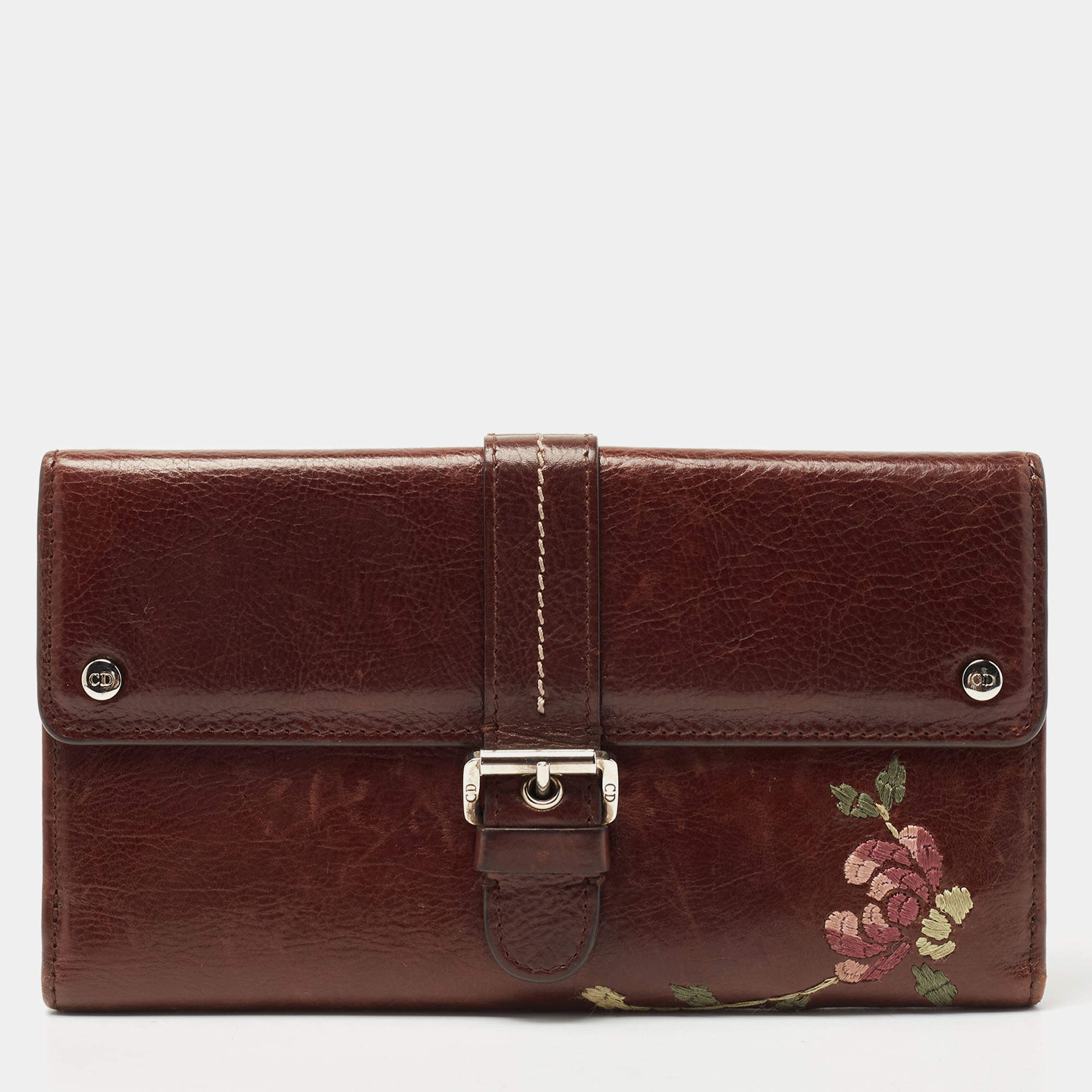 Pre Owned Dior Brown Floral Embroidered Leather Buckle Flap Continental Wallet
