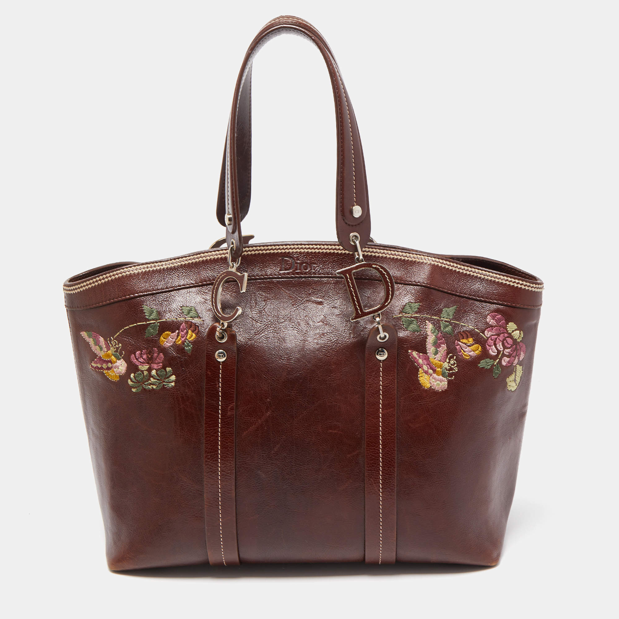 Pre Owned Dior Dark Brown Leather Romantique Flowers Tote