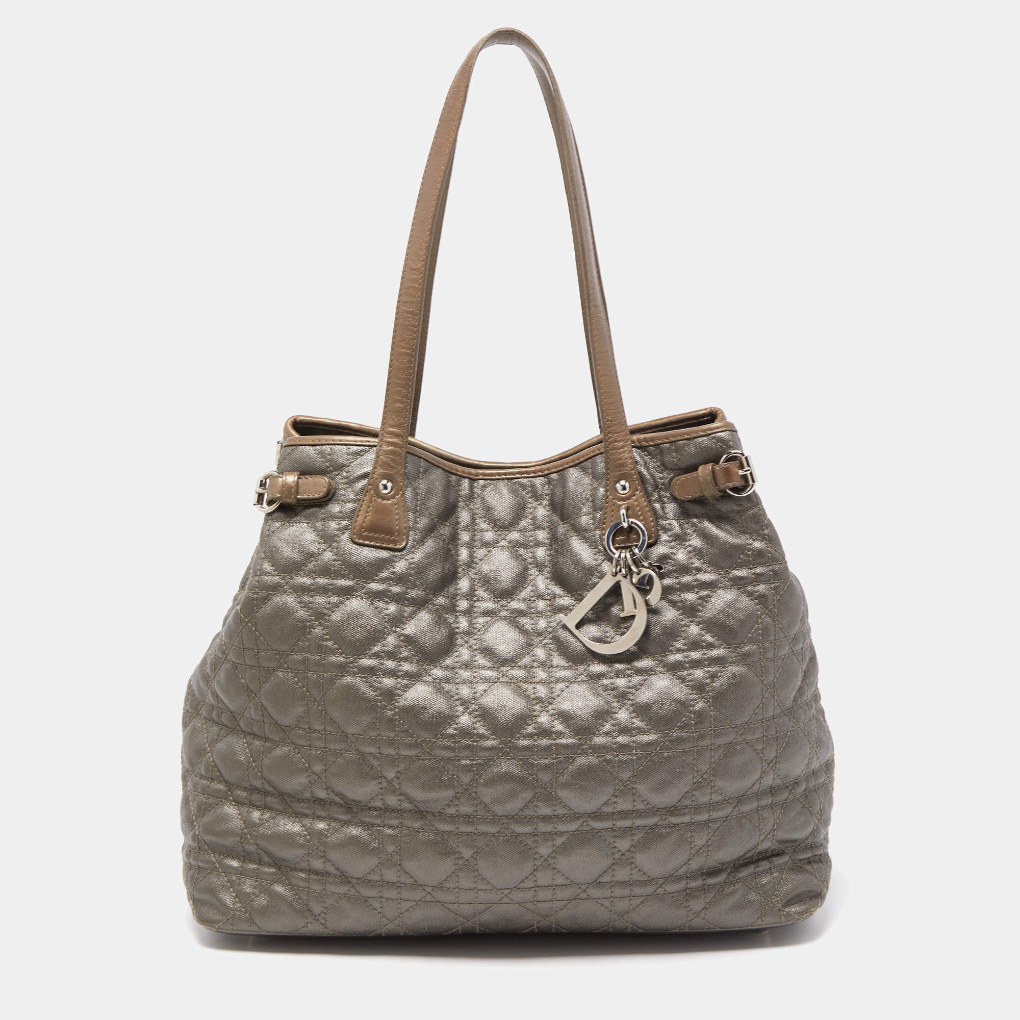 Pre Owned Dior Olive Green Cannage Coated Canvas & Leather Medium Panarea Shopper Tote