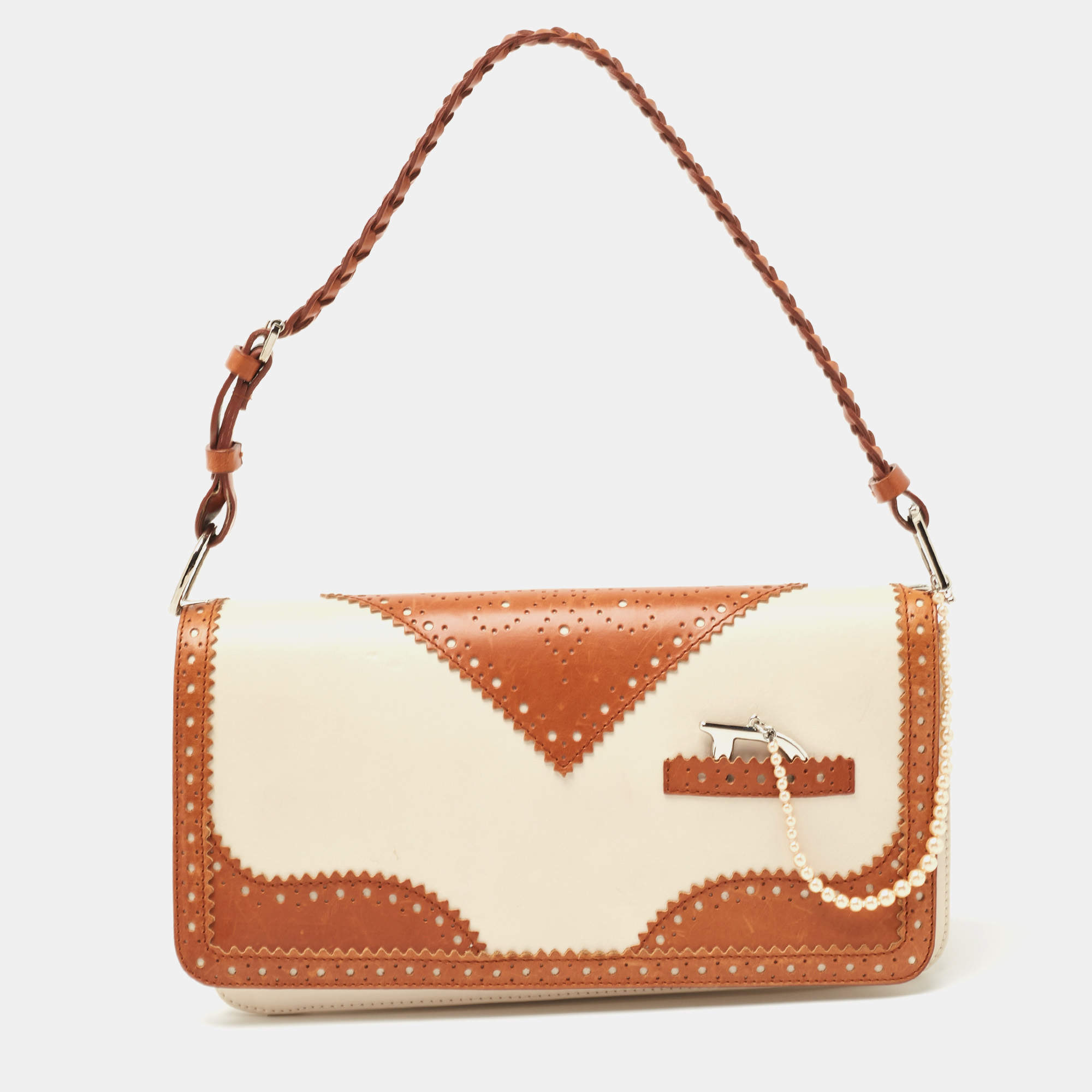 Dior Tan/Off White Brogue Leather Faux Pearl D’Trick Baguette Bag