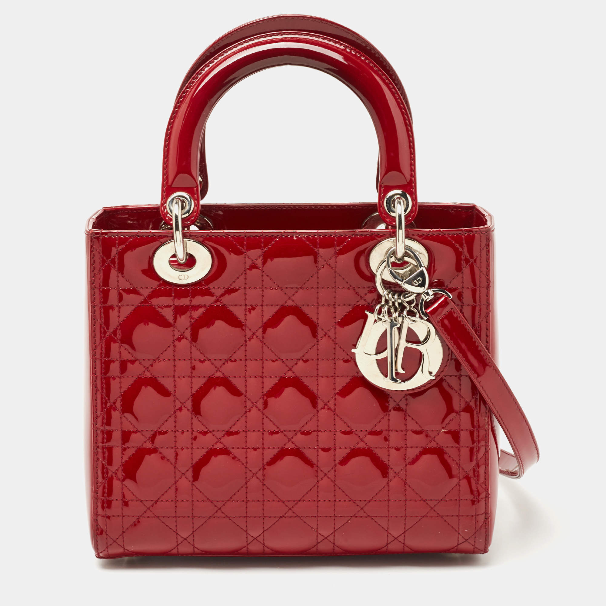 Pre Owned Dior Red Cannage Patent Leather Medium Lady Dior Tote