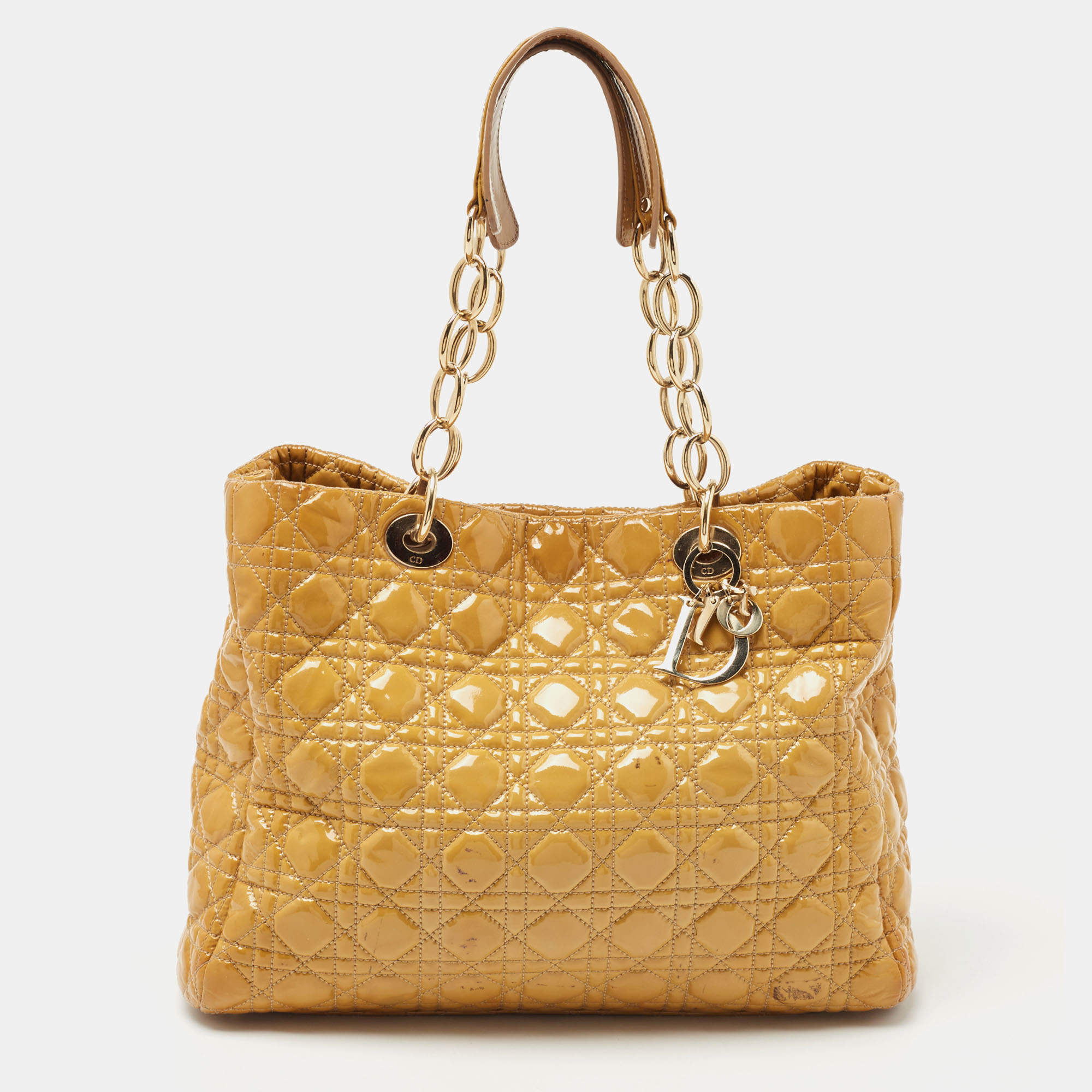 Pre Owned Dior Yellow Cannage Patent Leather Soft Lady Dior Tote