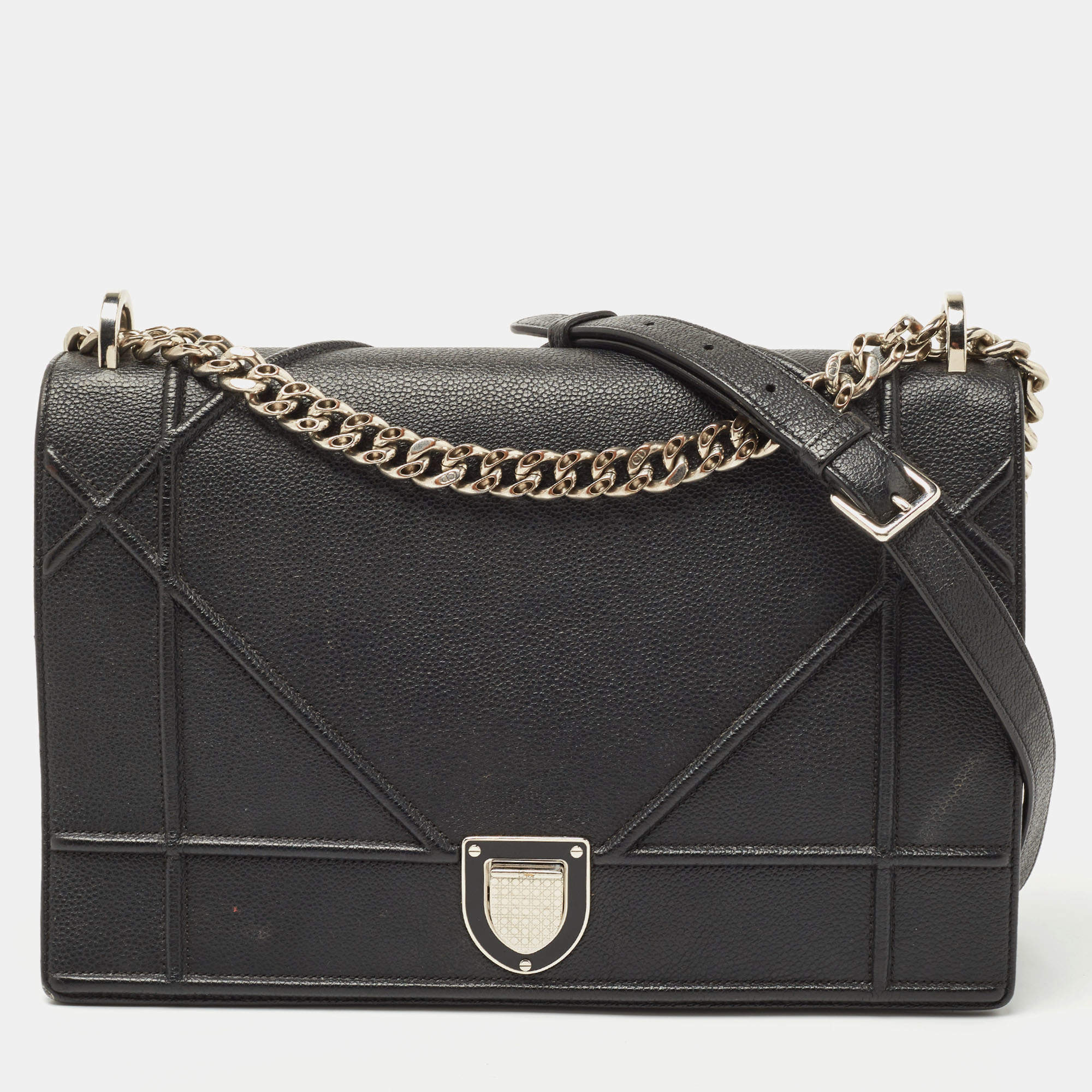 Dior Black Textured Leather Large Diorama Flap Shoulder Bag
