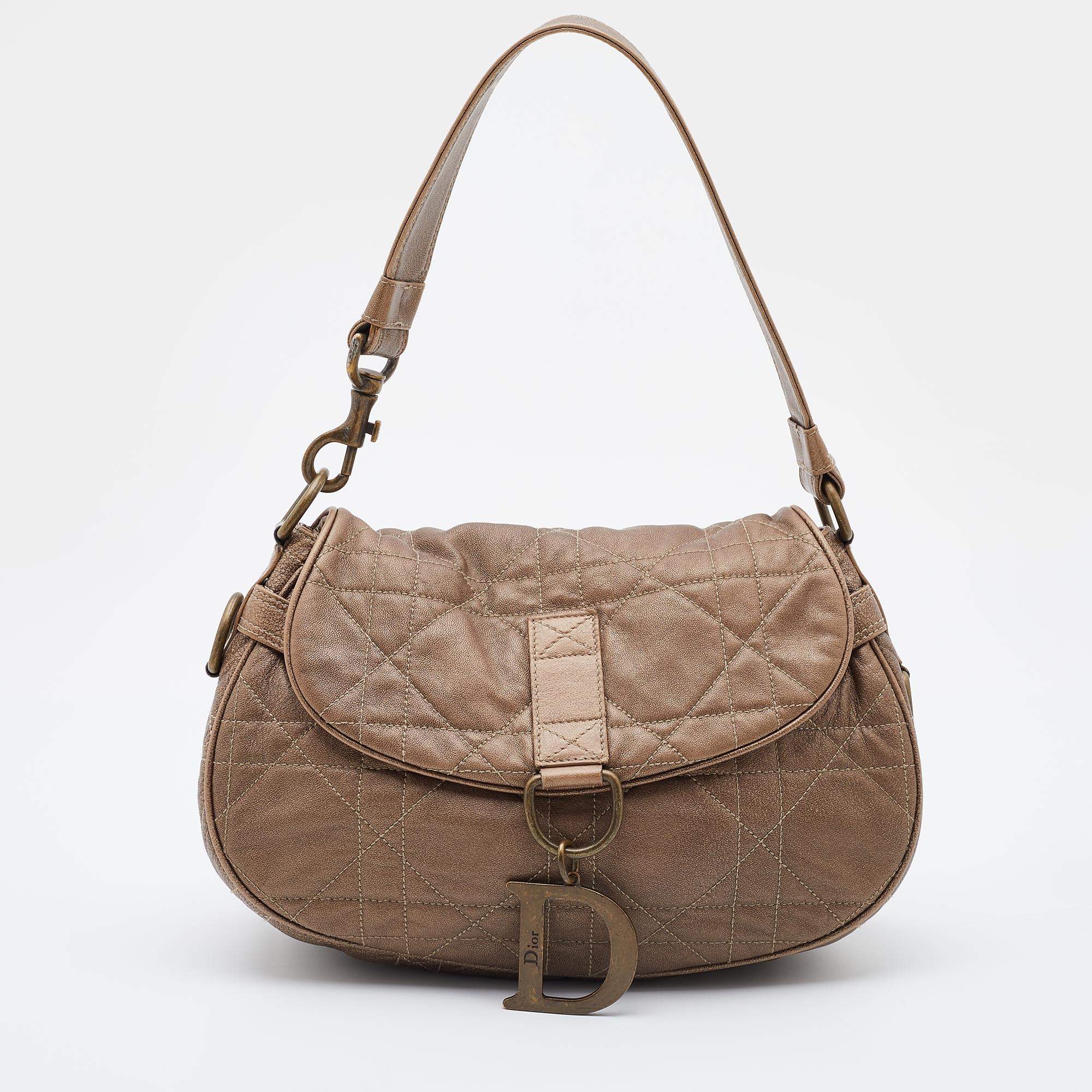 Pre Owned Dior Metallic Brown Cannage Leather Flap Hobo