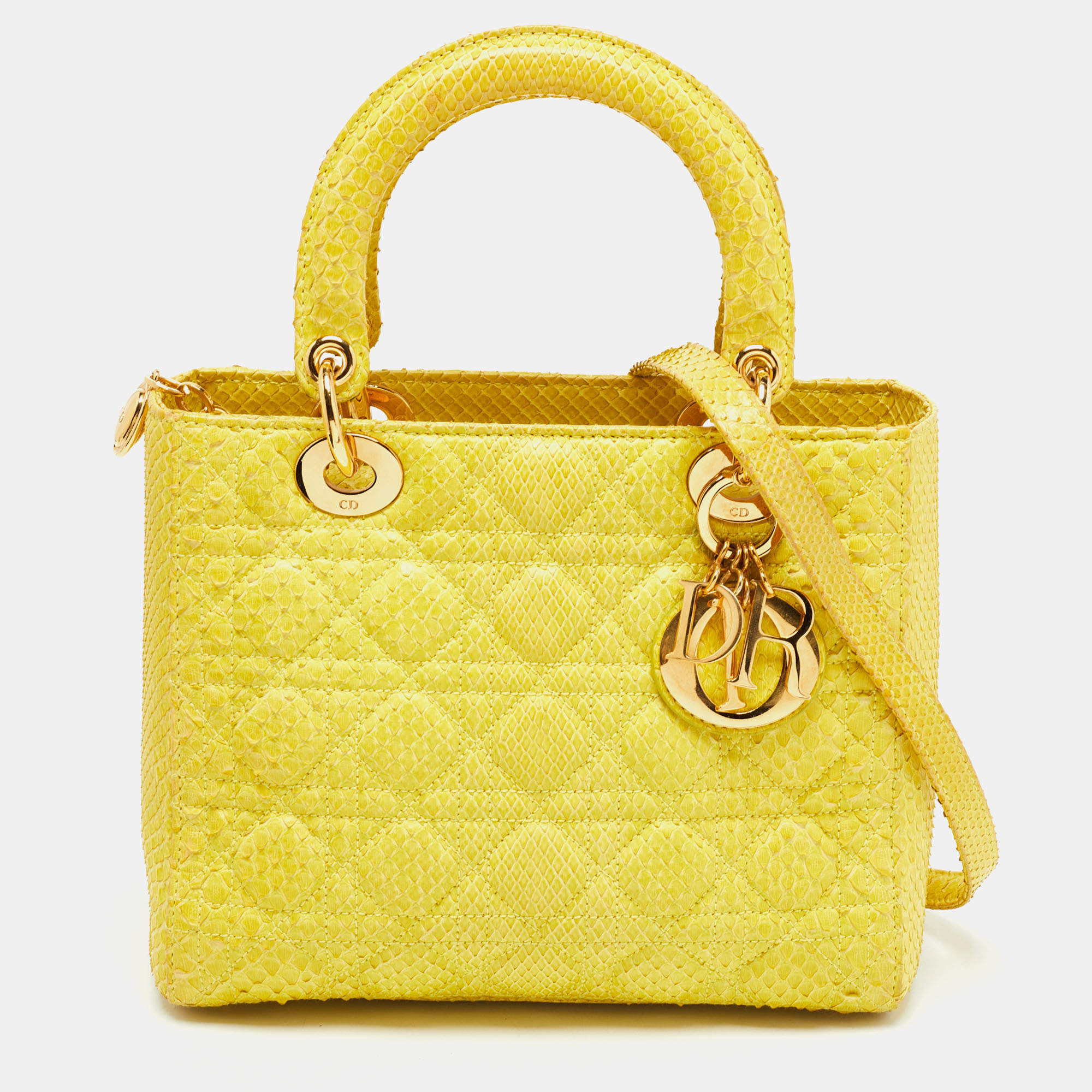 Pre Owned Dior Yellow Cannage Python Leather Medium Lady Dior Tote
