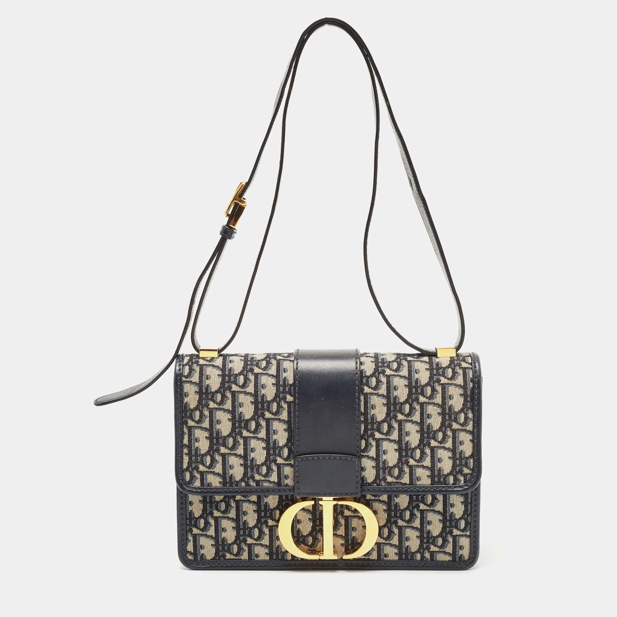 Dior Navy Blue Oblique Canvas and Leather 30 Montaigne Shoulder