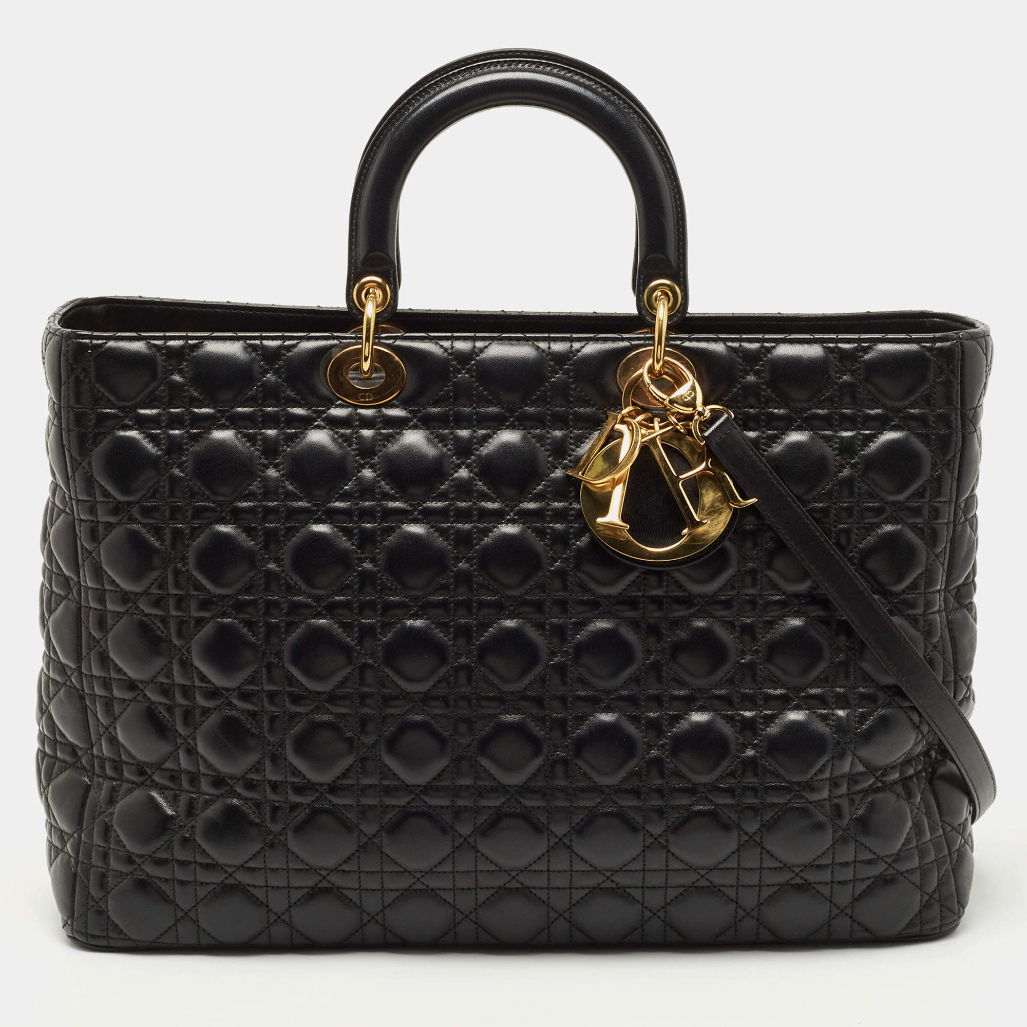 Pre Owned Dior Black Cannage Leather Extra Large Lady Dior Tote
