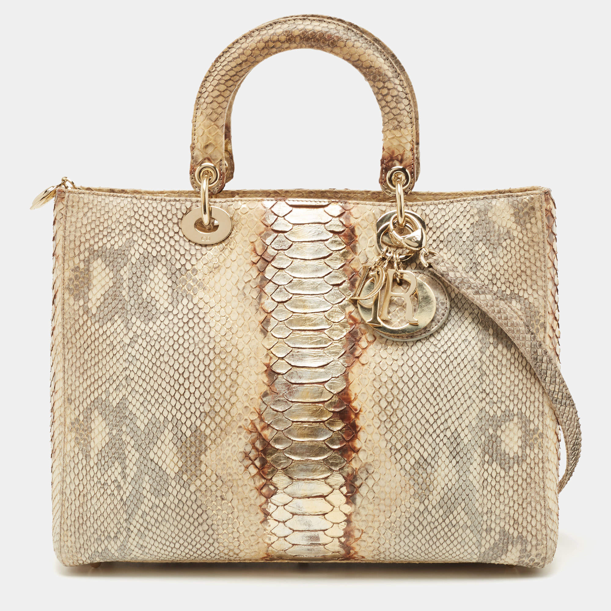 Pre Owned Dior Gold/Beige Python Large Lady Dior Tote