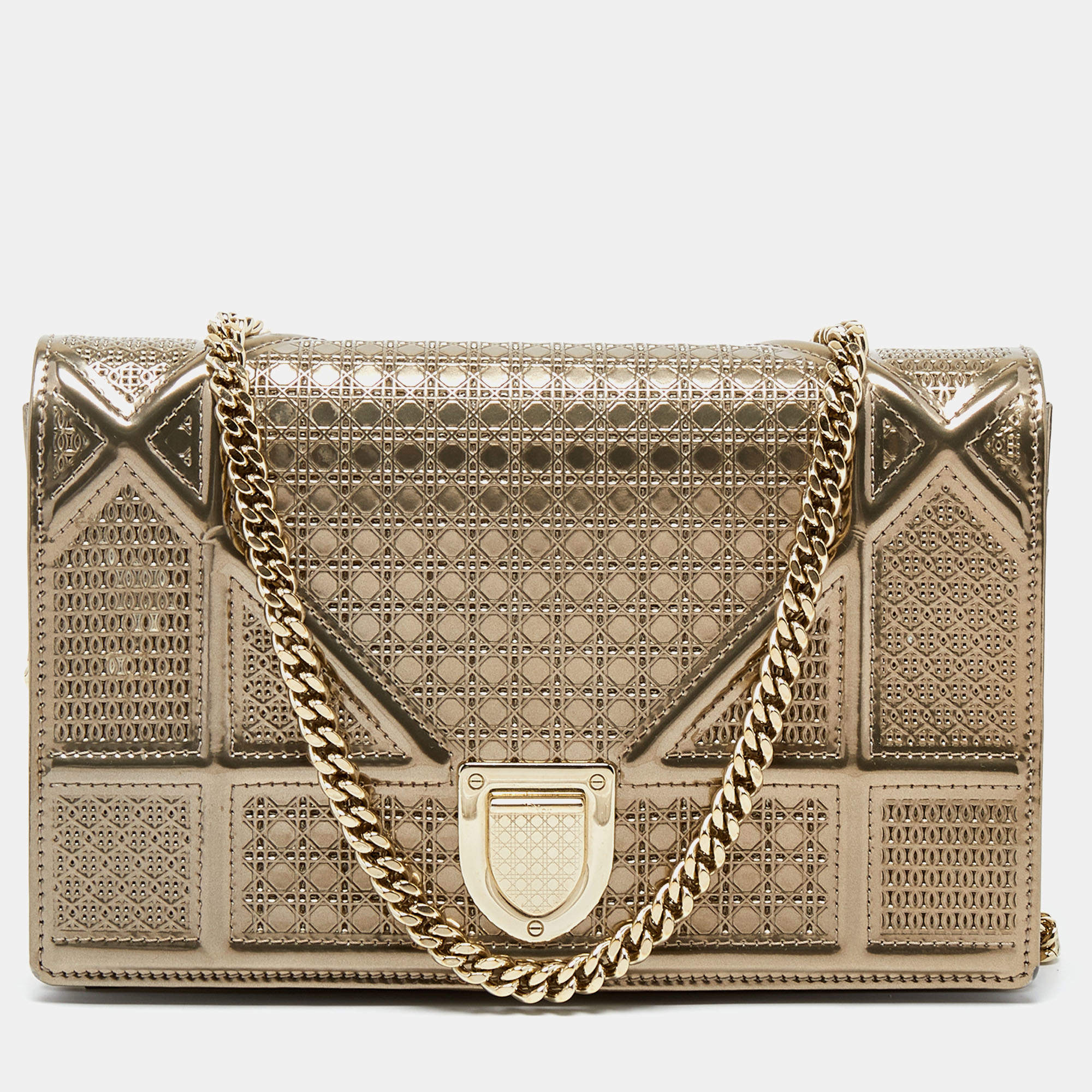Dior Metallic Beige Micro Cannage Patent Leather Diorama Wallet On Chain
