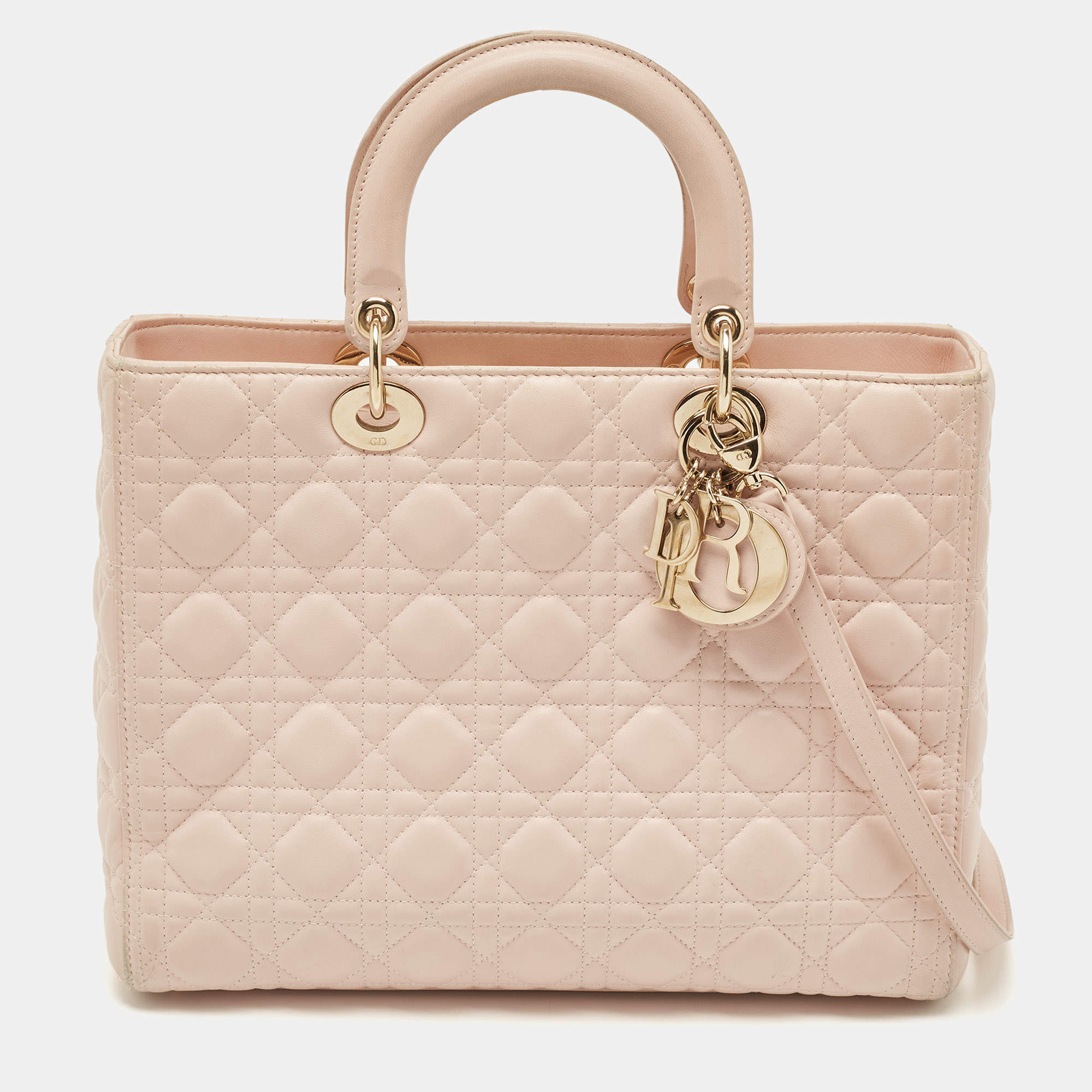 Pre Owned Dior Light Pink Cannage Leather Large Lady Dior Tote