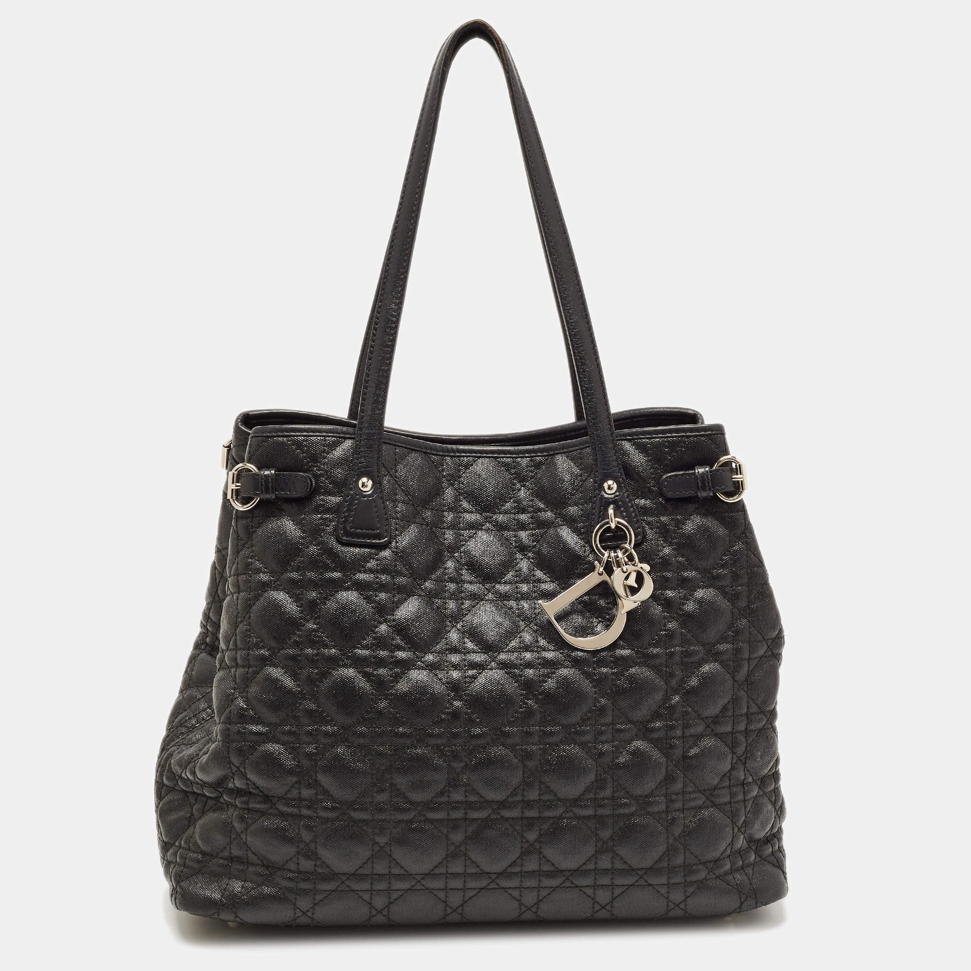 Pre Owned Dior Black Cannage Coated Canvas and Leather Medium Panarea Tote