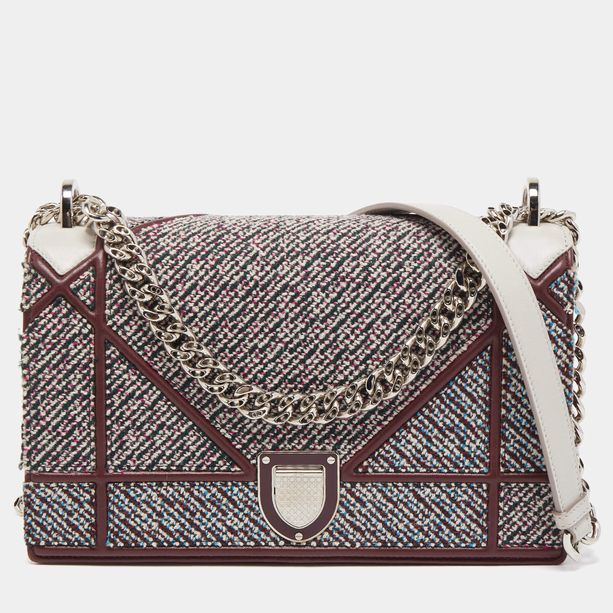 Pre Owned Dior Burgundy Tweed and Leather Medium Diorama Shoulder Bag