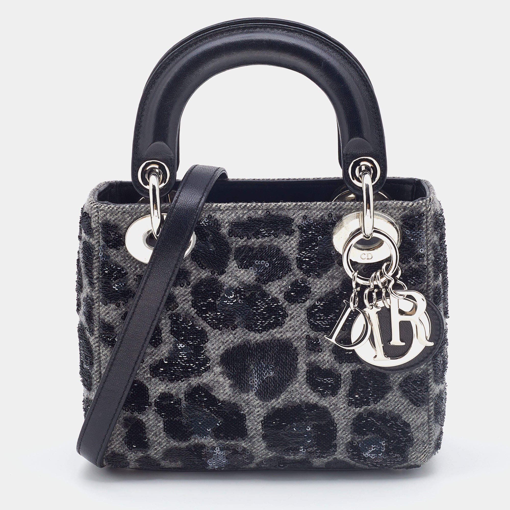 Pre Owned Dior Grey/Black Leopard Sequin, Leather and Wool Mini Lady Dior Tote
