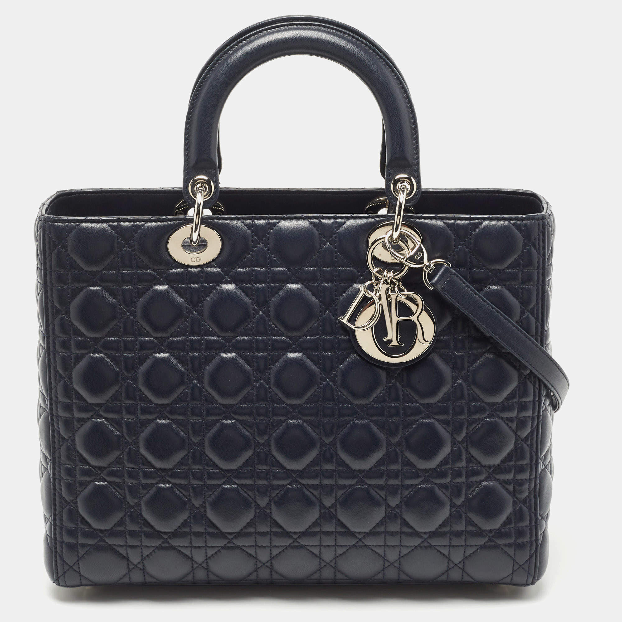 Pre Owned Dior Navy Blue Cannage Leather Large Lady Dior Tote