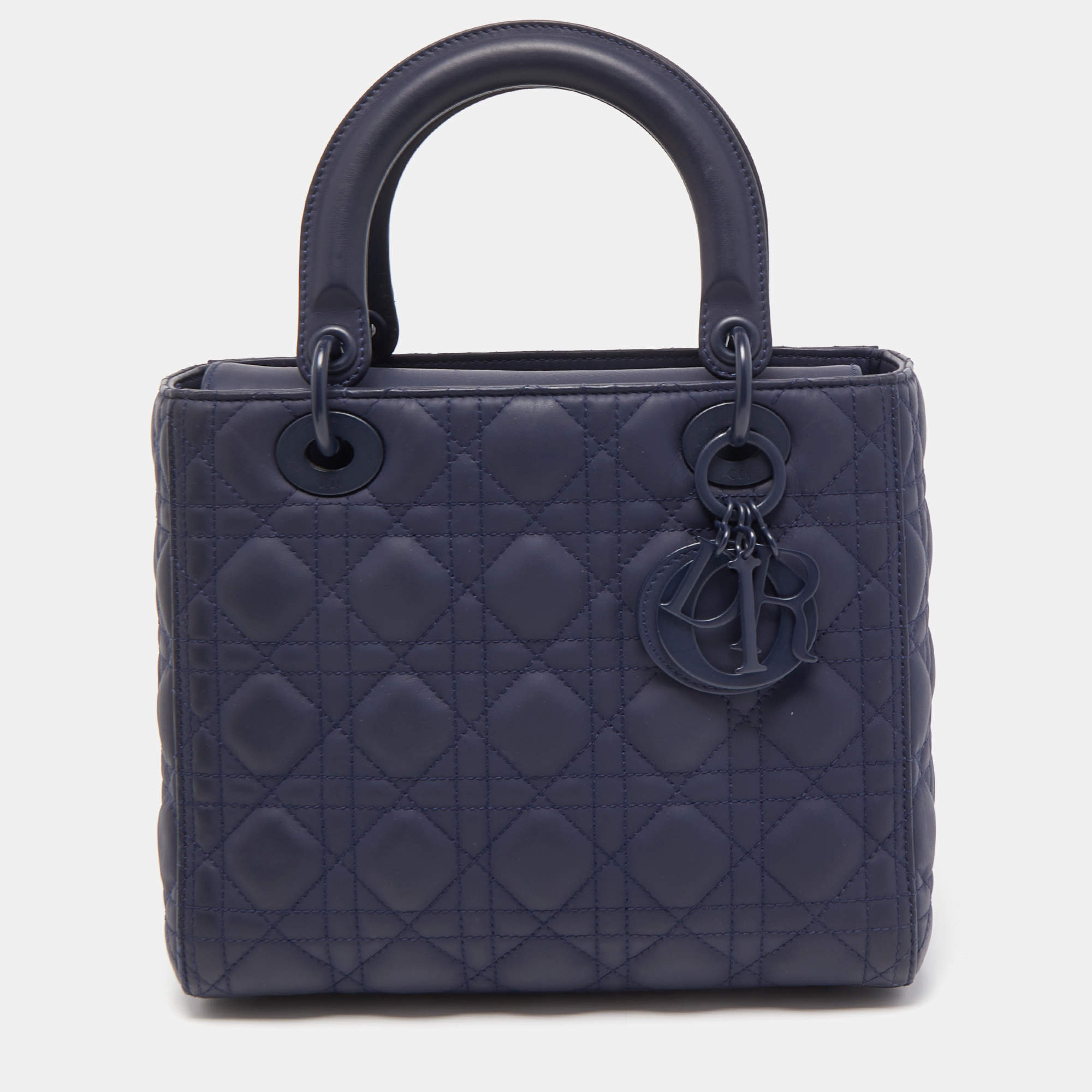 Pre Owned Dior Navy Blue Ultramatte Cannage Leather Medium Lady Dior Tote