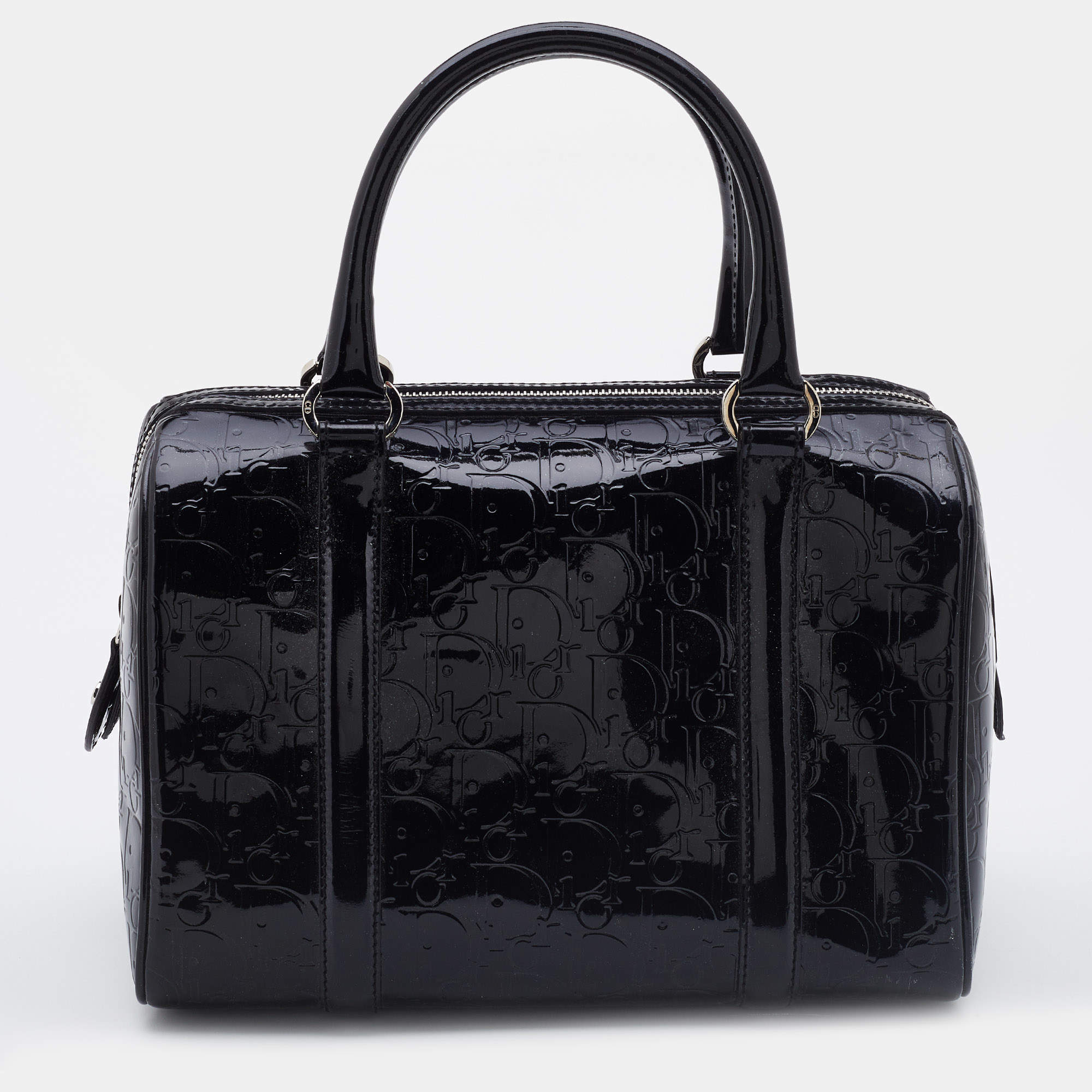 Pre Owned Dior Black Oblique Monogram Patent Leather Boston Bag